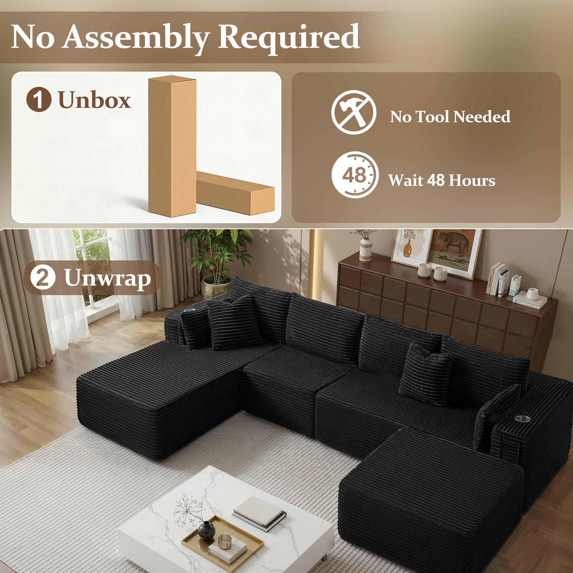 138" U-Shape Modular Cloud Sectional Boneless Sofa with Chaise & Ottoman, Extra-Wide Deep Seat Plush Corduroy Couch for Living Rooms & Apartments (Black)