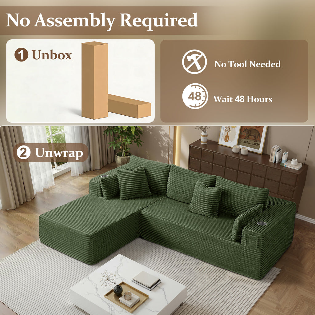 108" L-Shape Modular Cloud Sectional Boneless Sofa with Chaise, Extra-Wide Deep Seat Plush Corduroy Couch for Living Rooms & Apartments (Green)