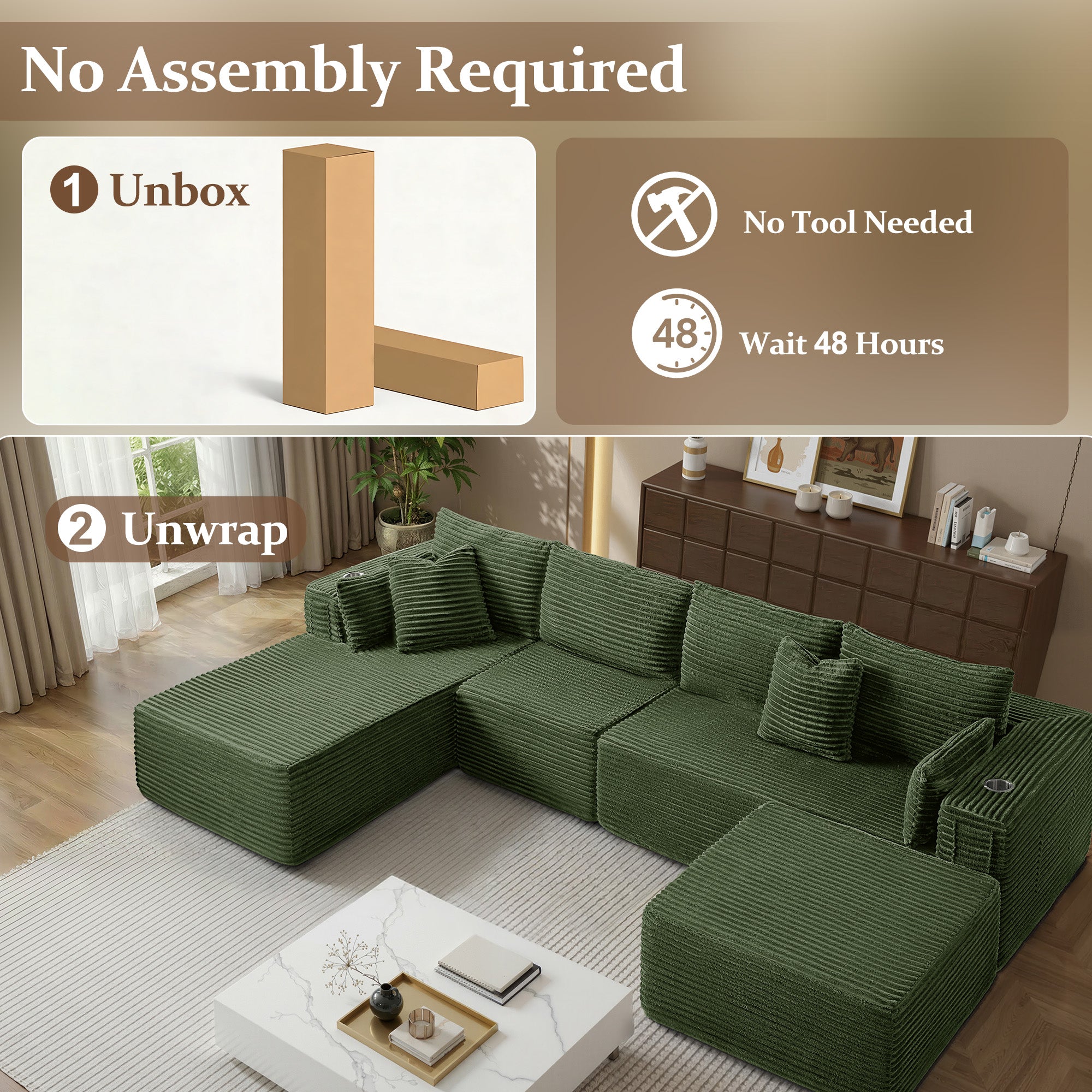 138" U-Shape Modular Cloud Sectional Boneless Sofa with Chaise & Ottoman, Extra-Wide Deep Seat Plush Corduroy Couch for Living Rooms & Apartments (Green)