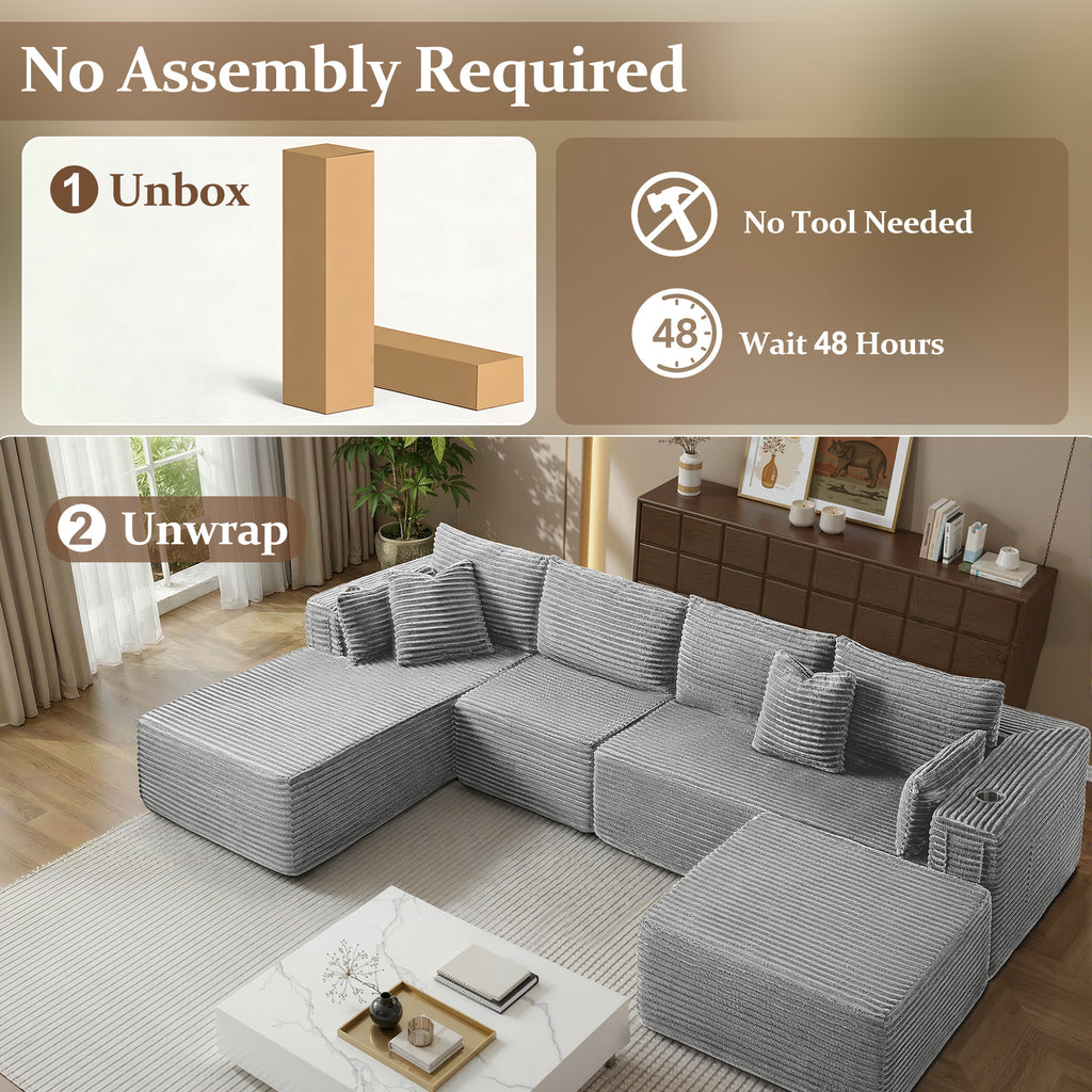 138" U-Shape Modular Cloud Sectional Boneless Sofa with Chaise & Ottoman, Extra-Wide Deep Seat Plush Corduroy Couch for Living Rooms & Apartments (Light Grey)