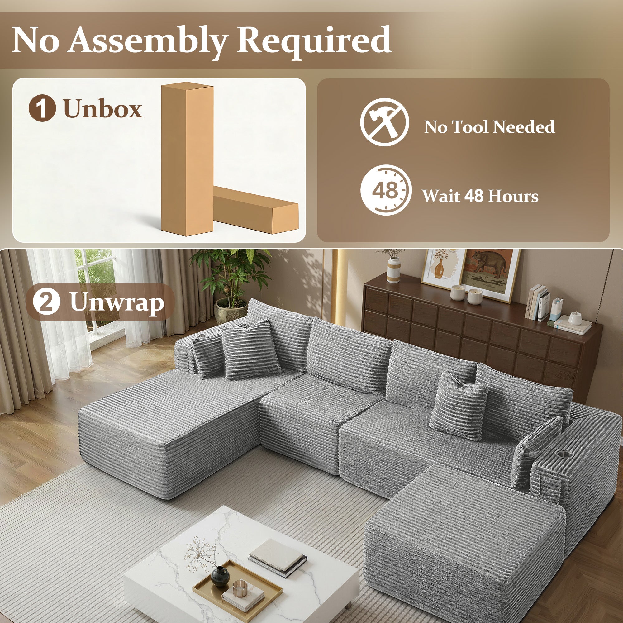 138" U-Shape Modular Cloud Sectional Boneless Sofa with Chaise & Ottoman, Extra-Wide Deep Seat Plush Corduroy Couch for Living Rooms & Apartments (Light Grey)
