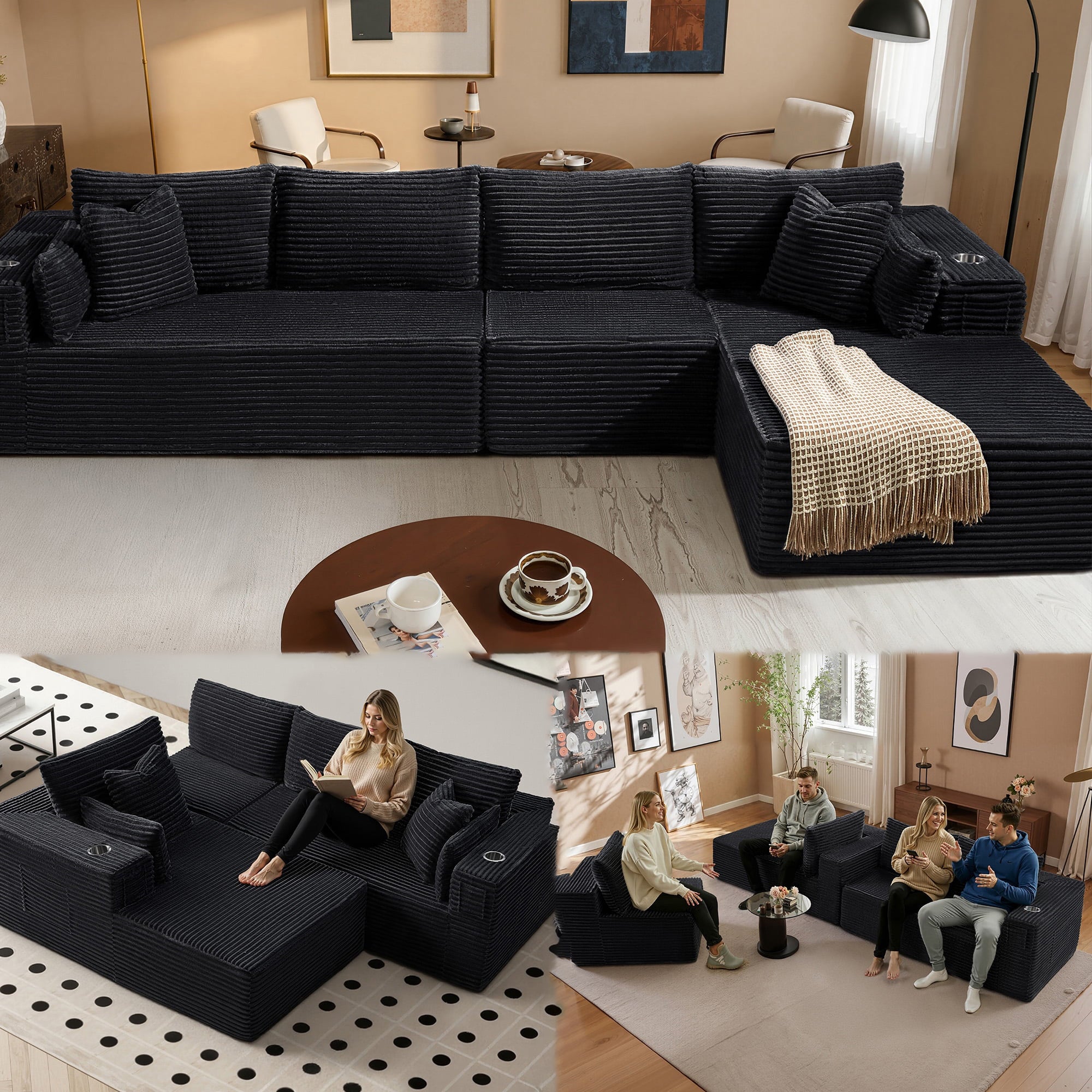 138" L-Shape Modular Cloud Sectional Boneless Sofa with Chaise, Extra-Wide Deep Seat Plush Corduroy Couch for Living Rooms & Apartments (Black)