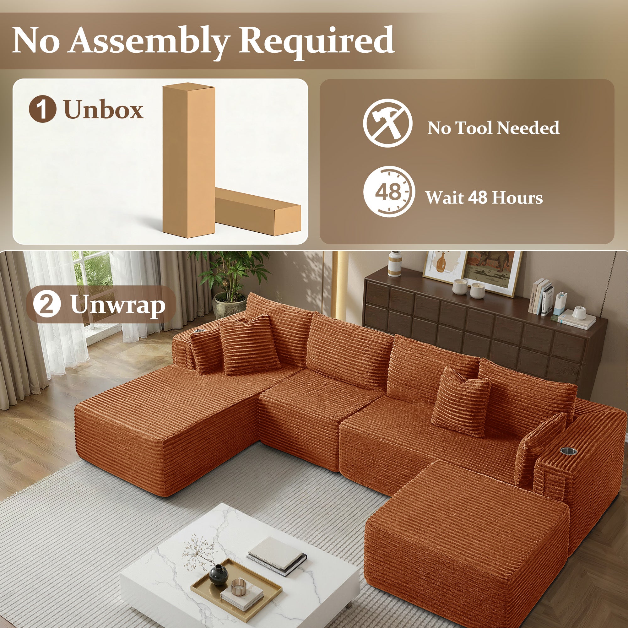 138" U-Shape Modular Cloud Sectional Boneless Sofa with Chaise & Ottoman, Extra-Wide Deep Seat Plush Corduroy Couch for Living Rooms & Apartments (Orange)
