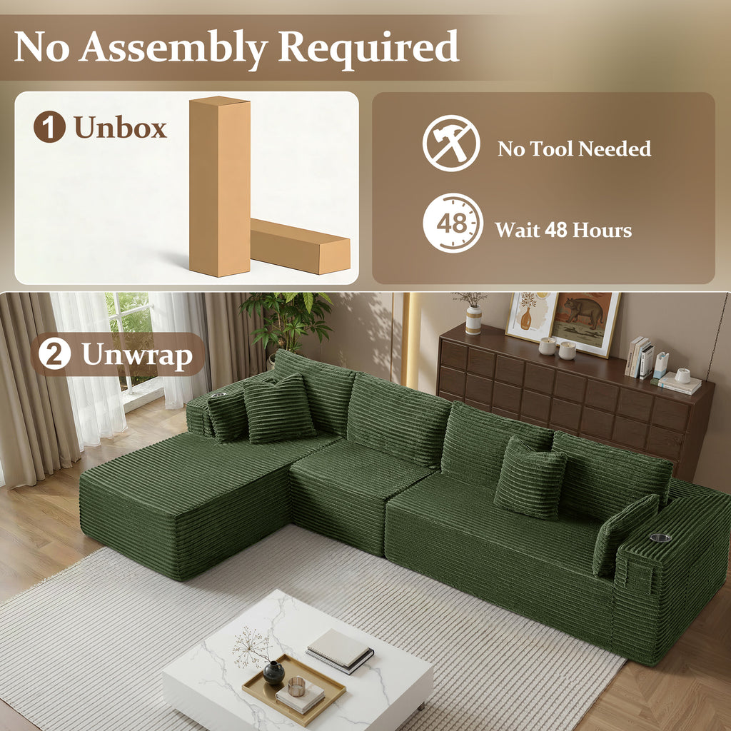 138" L-Shape Modular Cloud Sectional Boneless Sofa with Chaise, Extra-Wide Deep Seat Plush Corduroy Couch for Living Rooms & Apartments (Green)