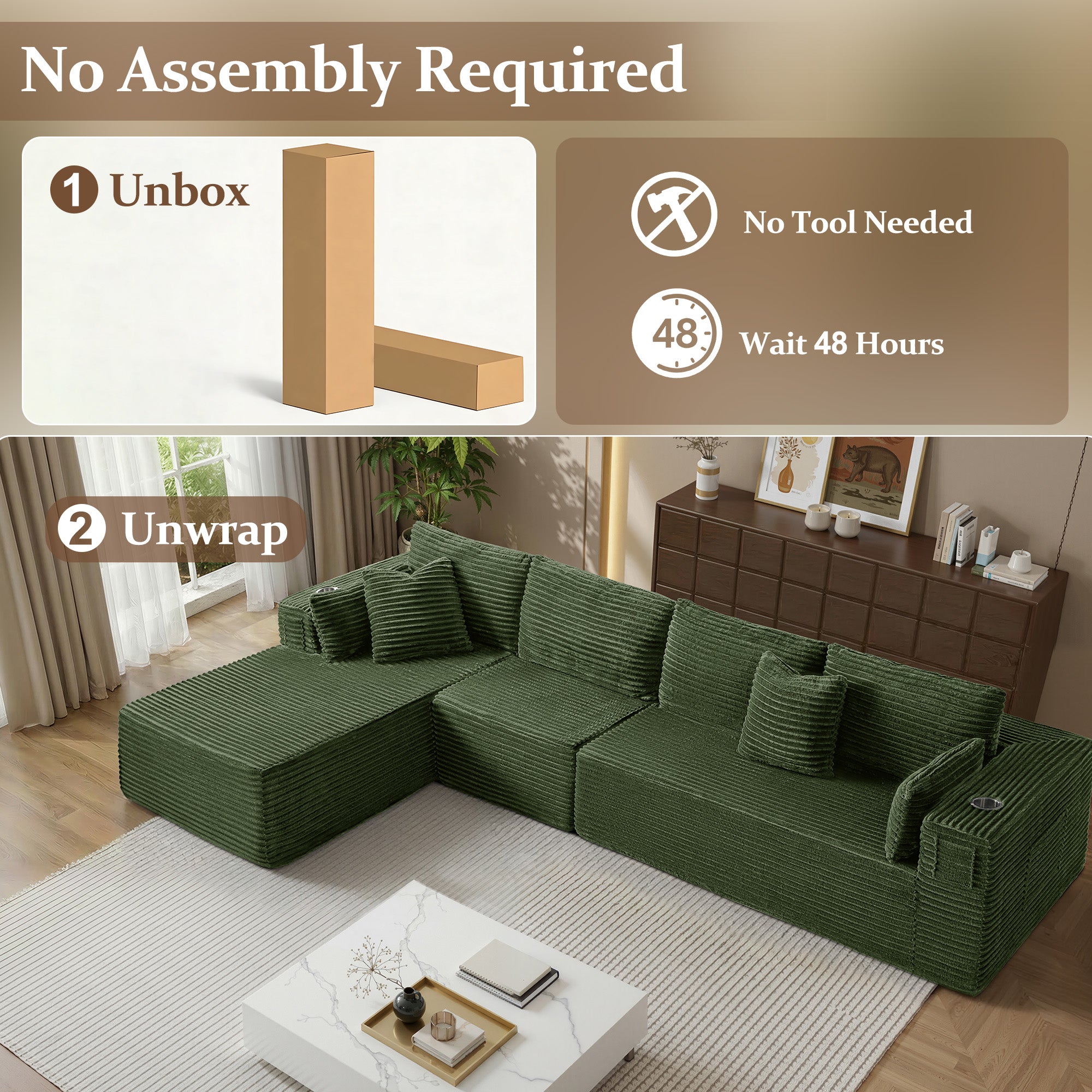 138" L-Shape Modular Cloud Sectional Boneless Sofa with Chaise, Extra-Wide Deep Seat Plush Corduroy Couch for Living Rooms & Apartments (Green)