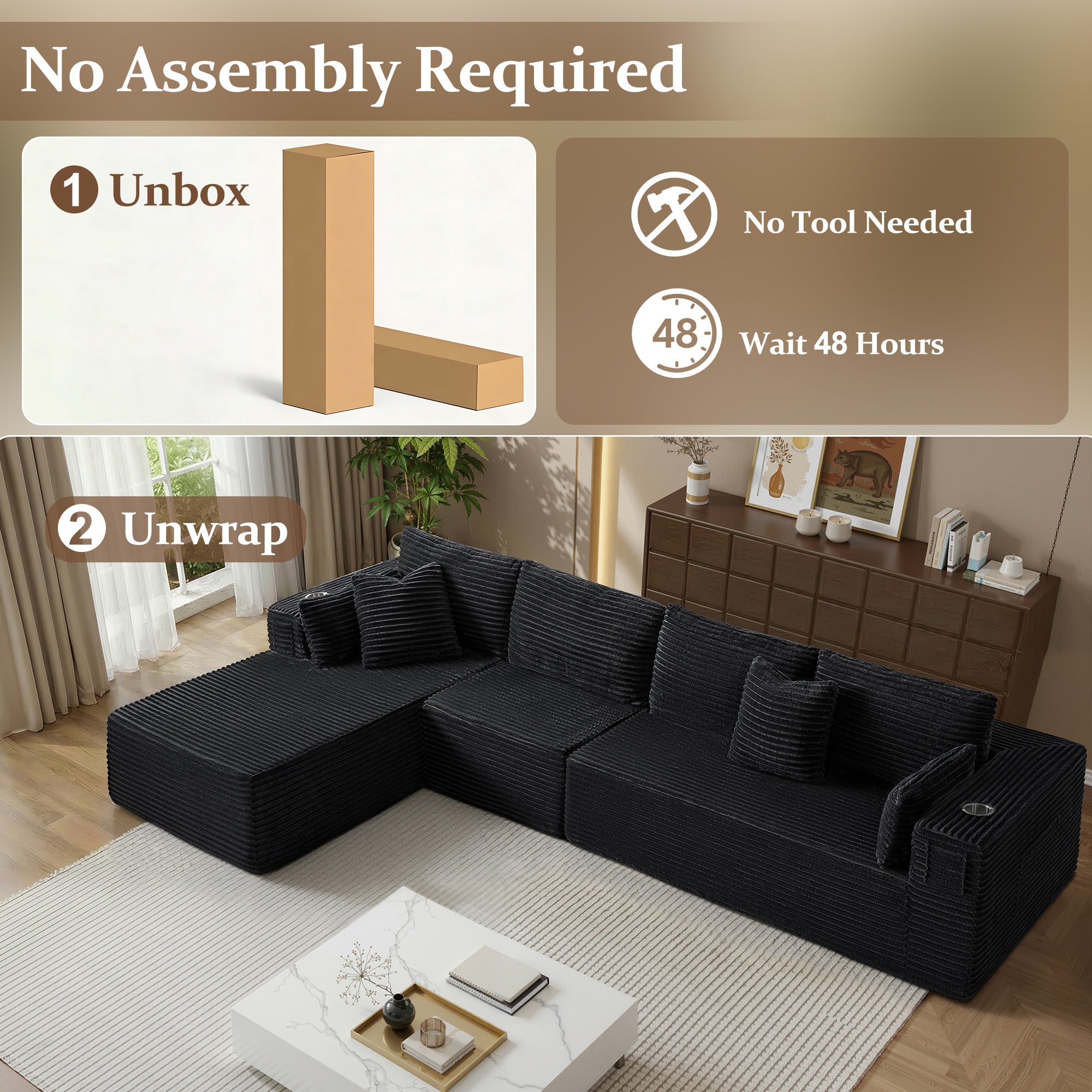 138" L-Shape Modular Cloud Sectional Boneless Sofa with Chaise, Extra-Wide Deep Seat Plush Corduroy Couch for Living Rooms & Apartments (Black)