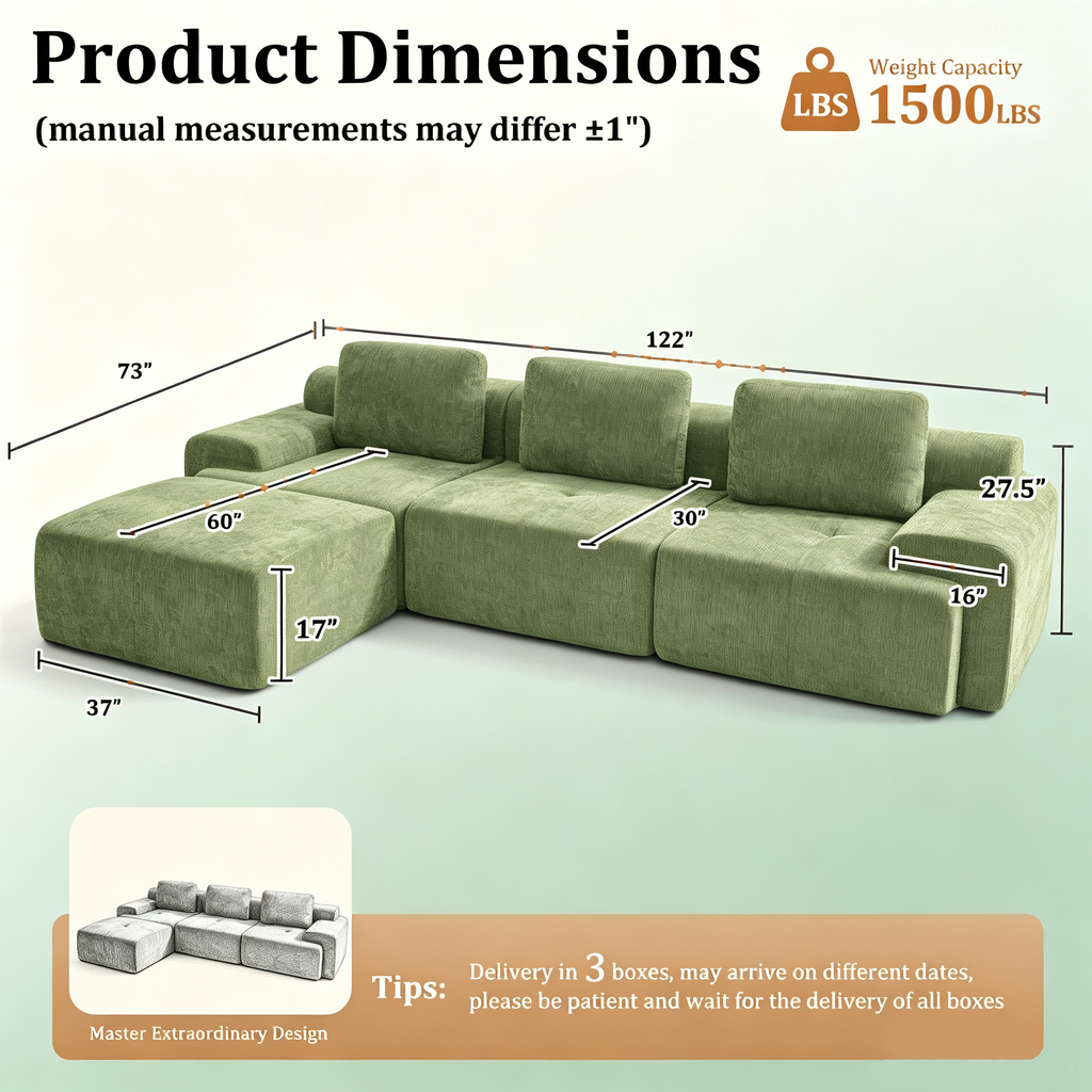 122" Modular Sectional Sofa-L-Shaped Oversized Cloud Couch with High Back & Extra Deep Seat, No Assembly Required, Plush Chenille, 4 Seat, Green