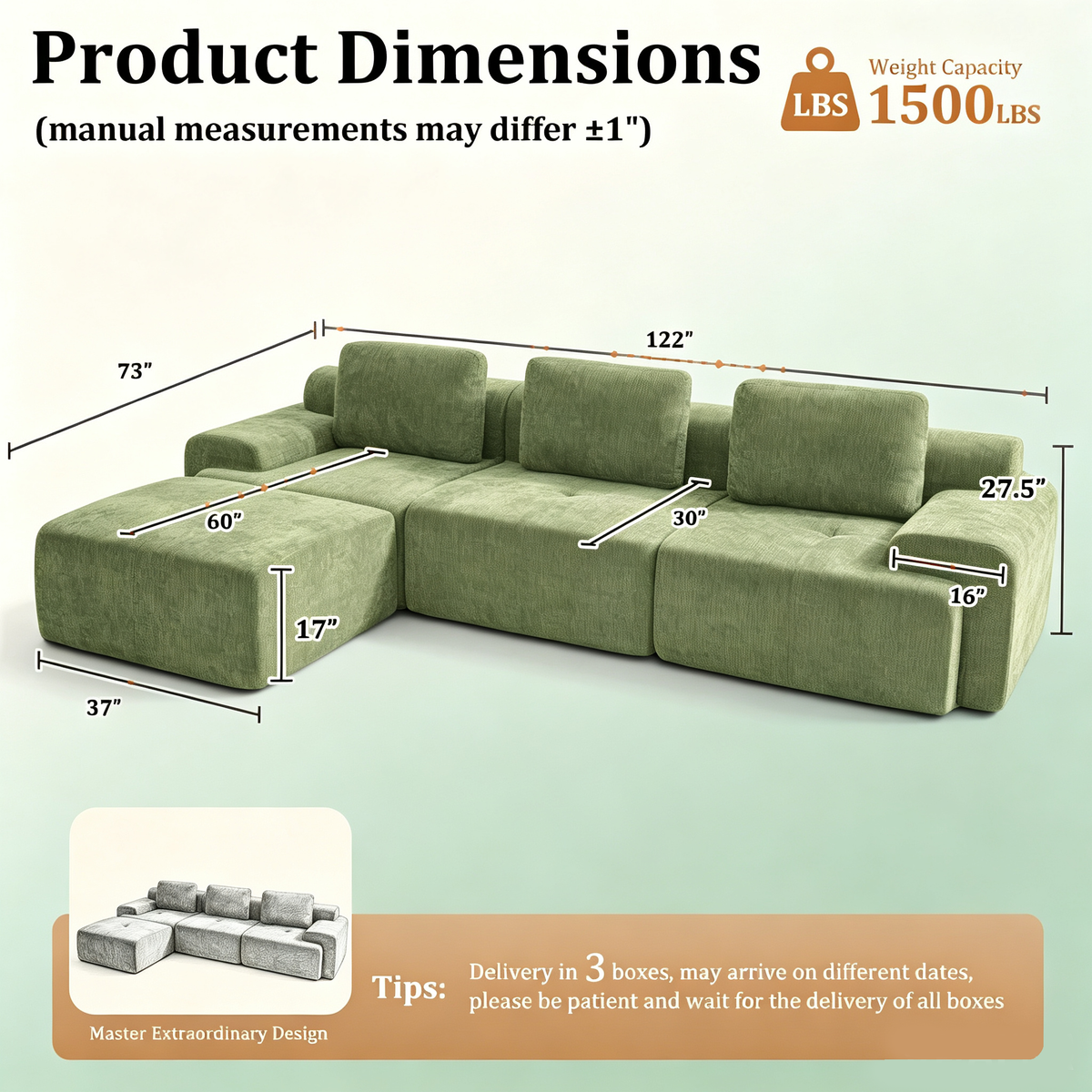 122" Modular Sectional Sofa-L-Shaped Oversized Cloud Couch with High Back & Extra Deep Seat, No Assembly Required, Plush Chenille, 4 Seat, Green