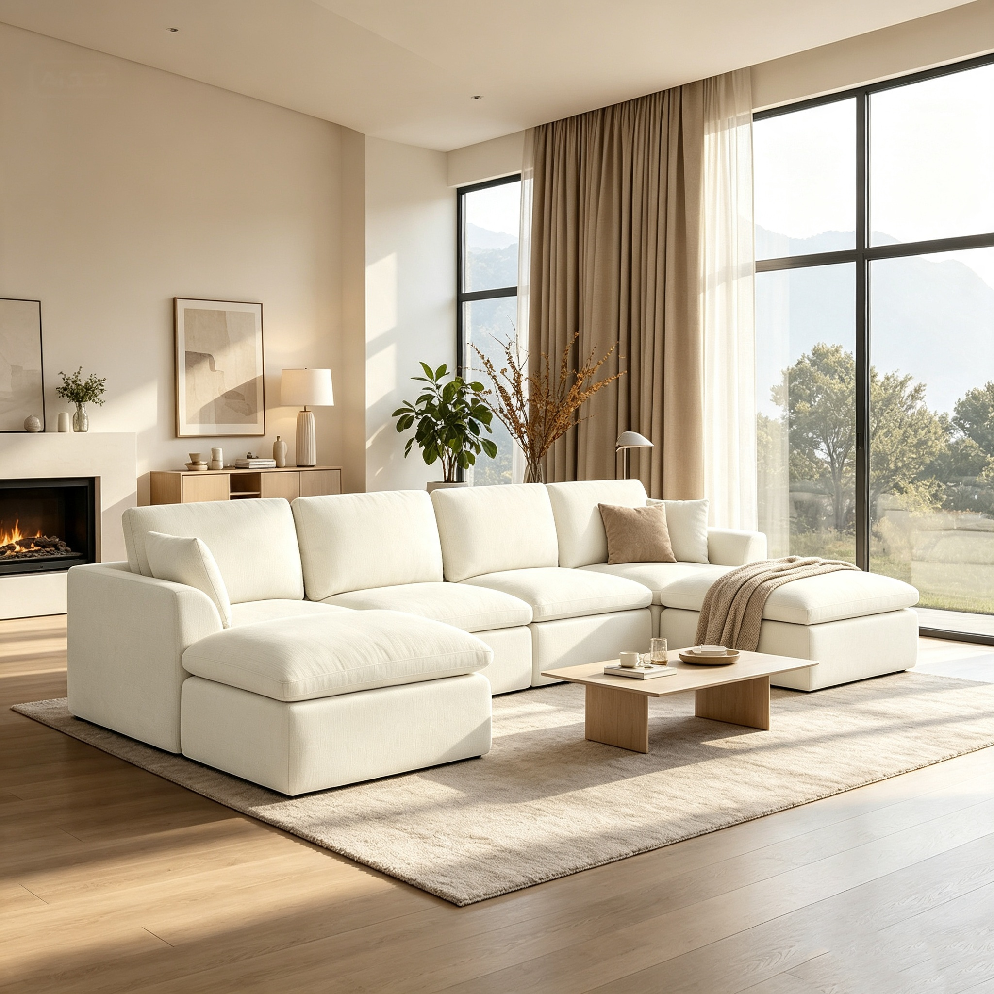 143" 4-Seater Cloud Sofa with 2 Movable Ottoman, Deep Seat Modelar Sectional Sofa with Memory Foam, Soft Chenille Fabric, Plush Comfy Sofa for Living Room, Beige