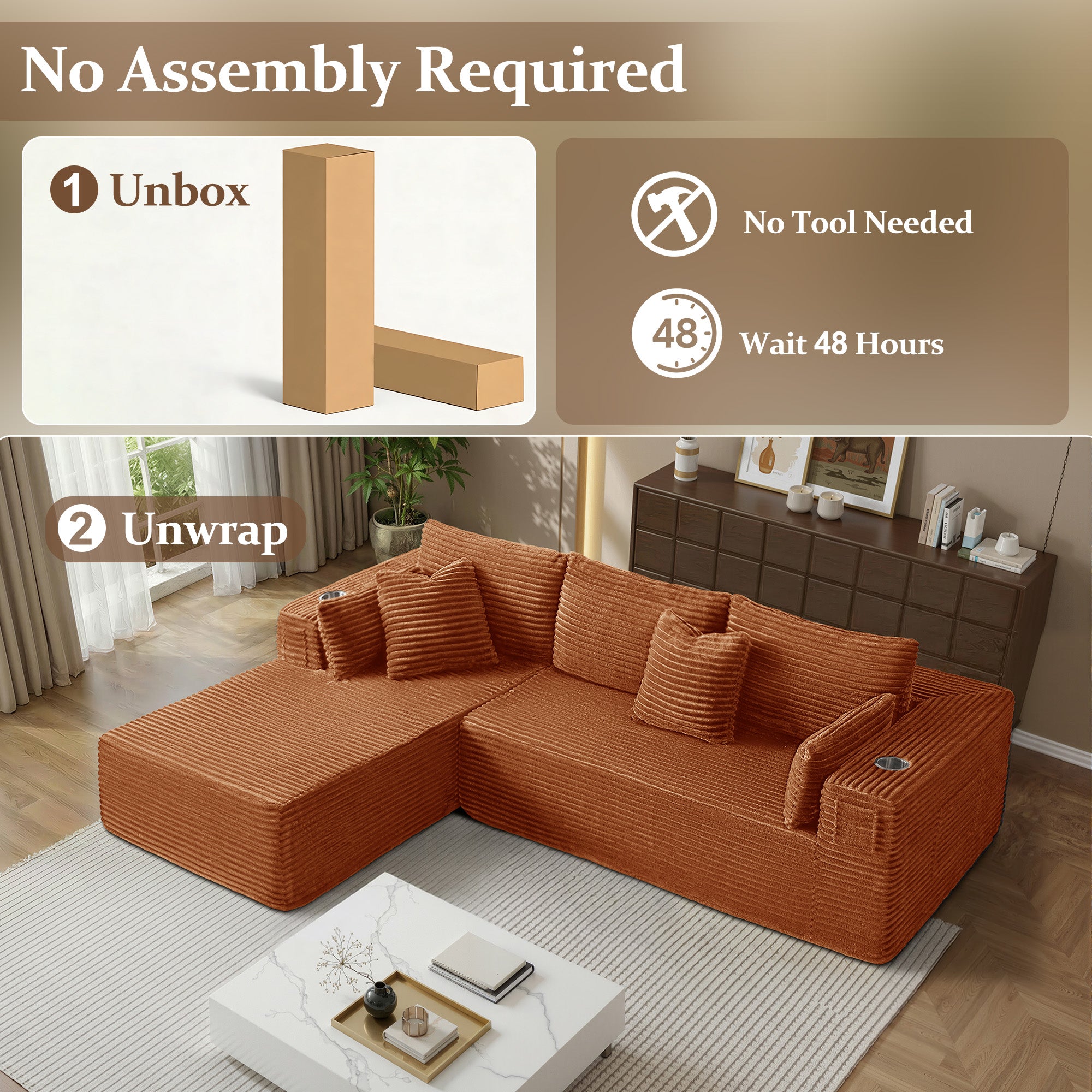 108" L-Shape Modular Cloud Sectional Boneless Sofa with Chaise, Extra-Wide Deep Seat Plush Corduroy Couch for Living Rooms & Apartments (Orange)