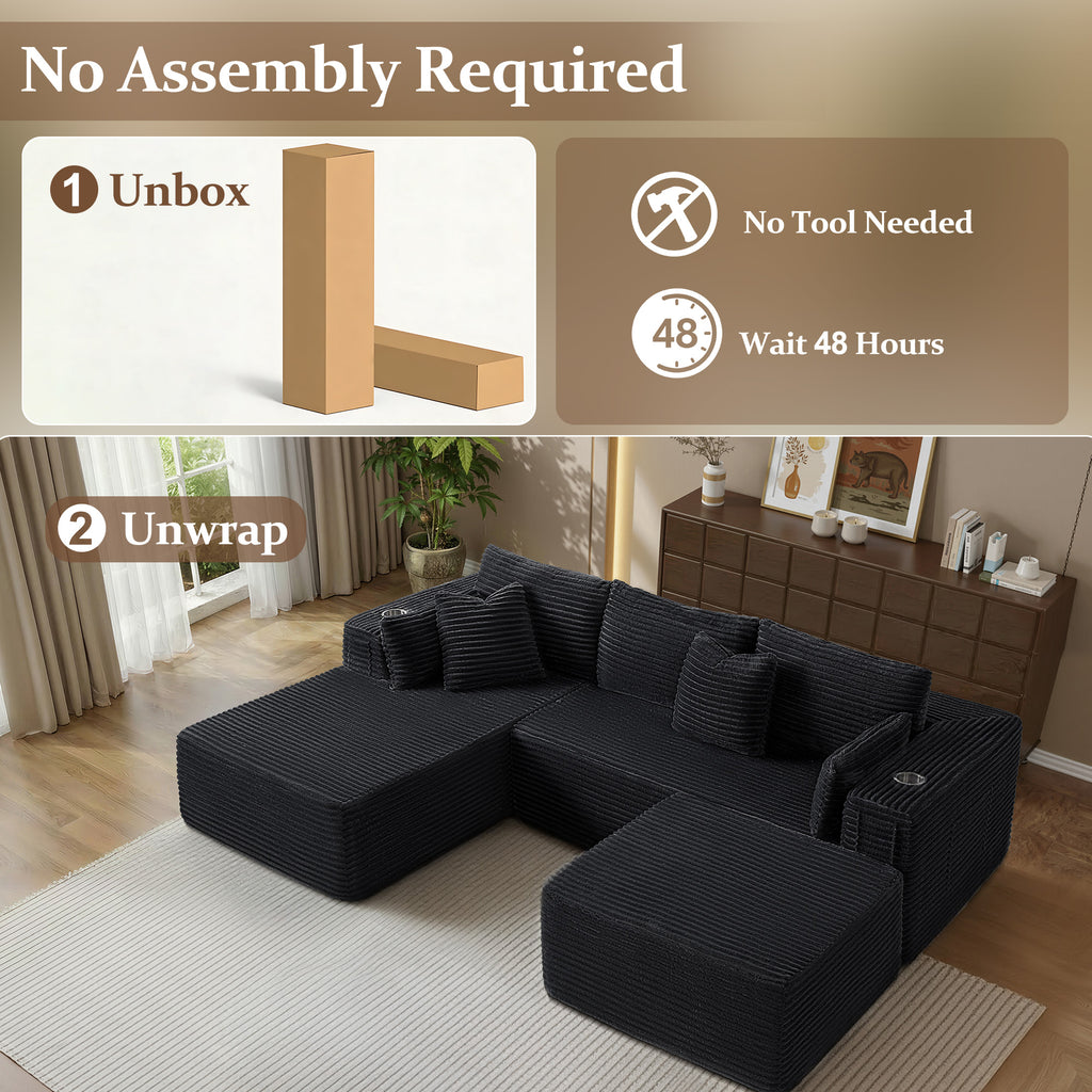 108" U-Shape Modular Cloud Sectional Boneless Sofa with Chaise & Ottoman, Extra-Wide Deep Seat Plush Corduroy Couch for Living Rooms & Apartments (Black)