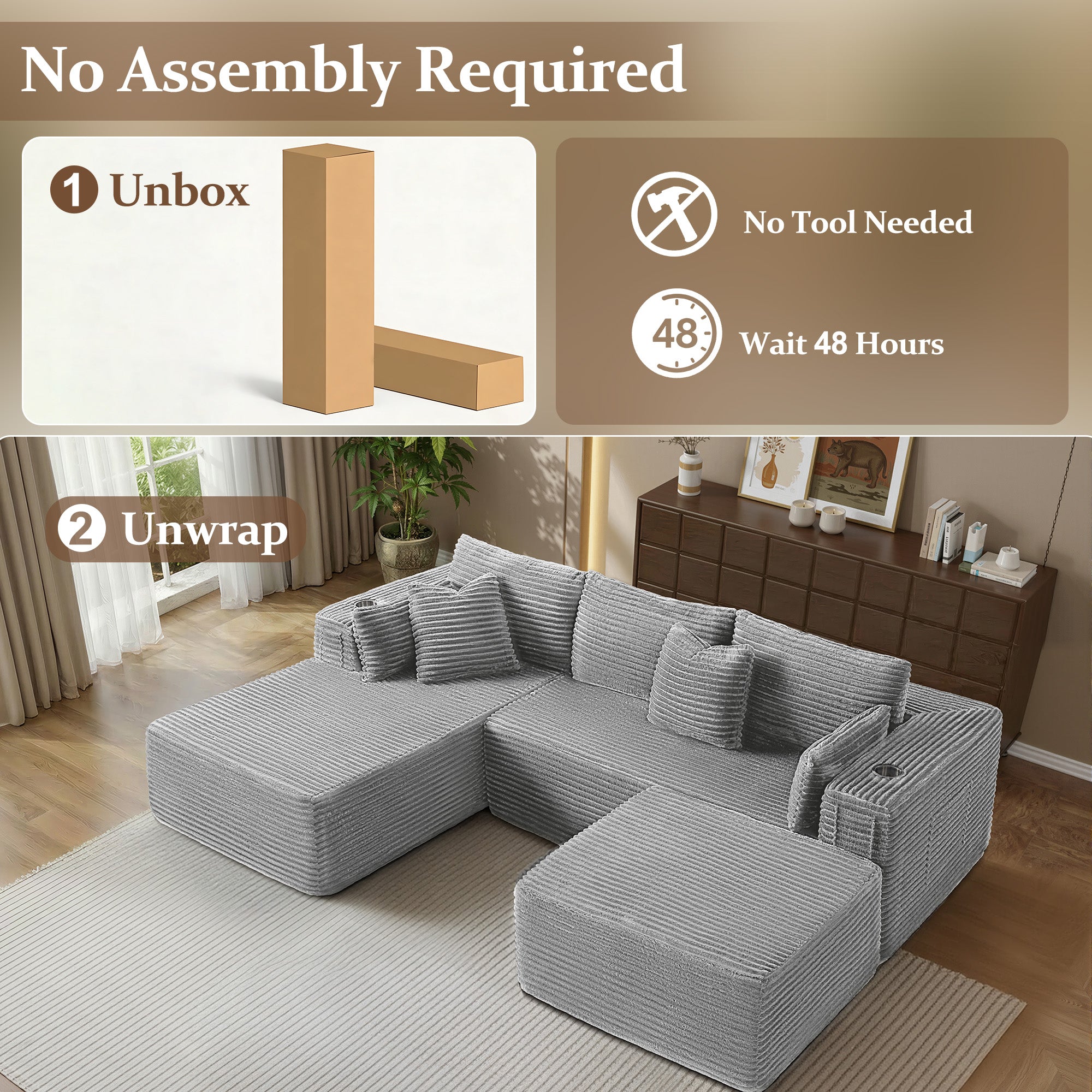 108" U-Shape Modular Cloud Sectional Boneless Sofa with Chaise & Ottoman, Extra-Wide Deep Seat Plush Corduroy Couch for Living Rooms & Apartments (Light Grey)