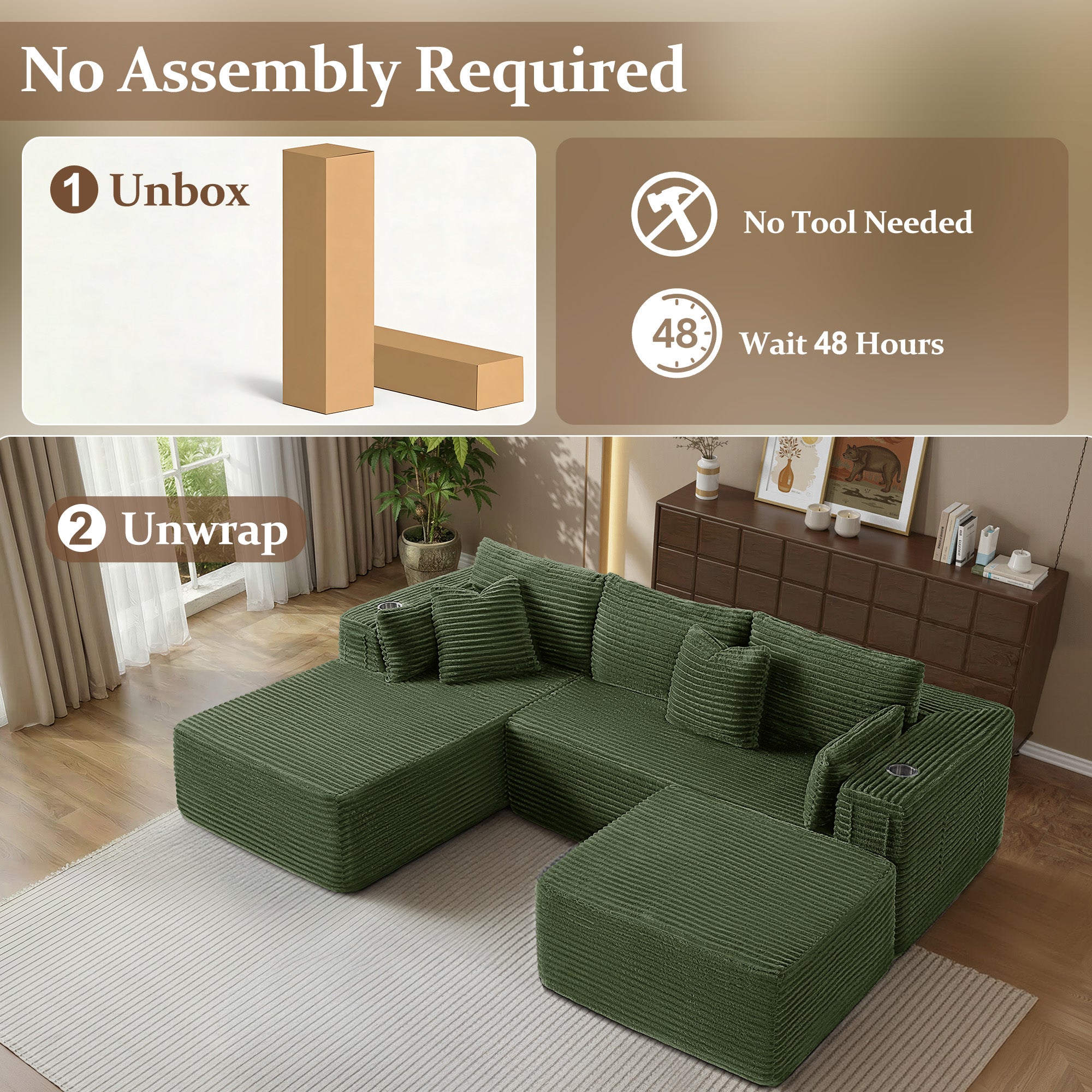 108" U-Shape Modular Cloud Sectional Boneless Sofa with Chaise & Ottoman, Extra-Wide Deep Seat Plush Corduroy Couch for Living Rooms & Apartments (Green)