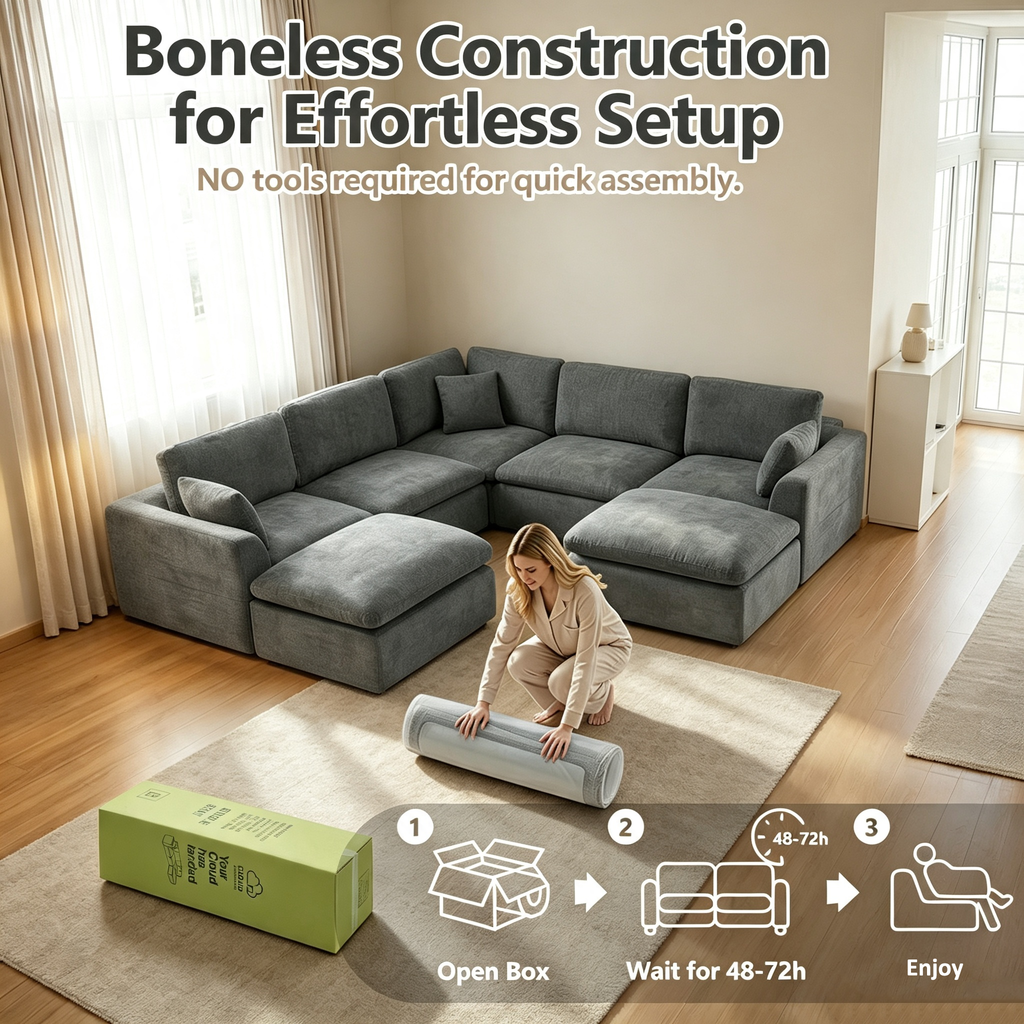 110.5" 3-Seater L-Shaped Cloud Sofa with Ottoman, Deep Seat Modular Sectional Couch with Memory Foam, Soft Chenille Fabric, Plush Comfy Sofa for Living Room, Dark Gray