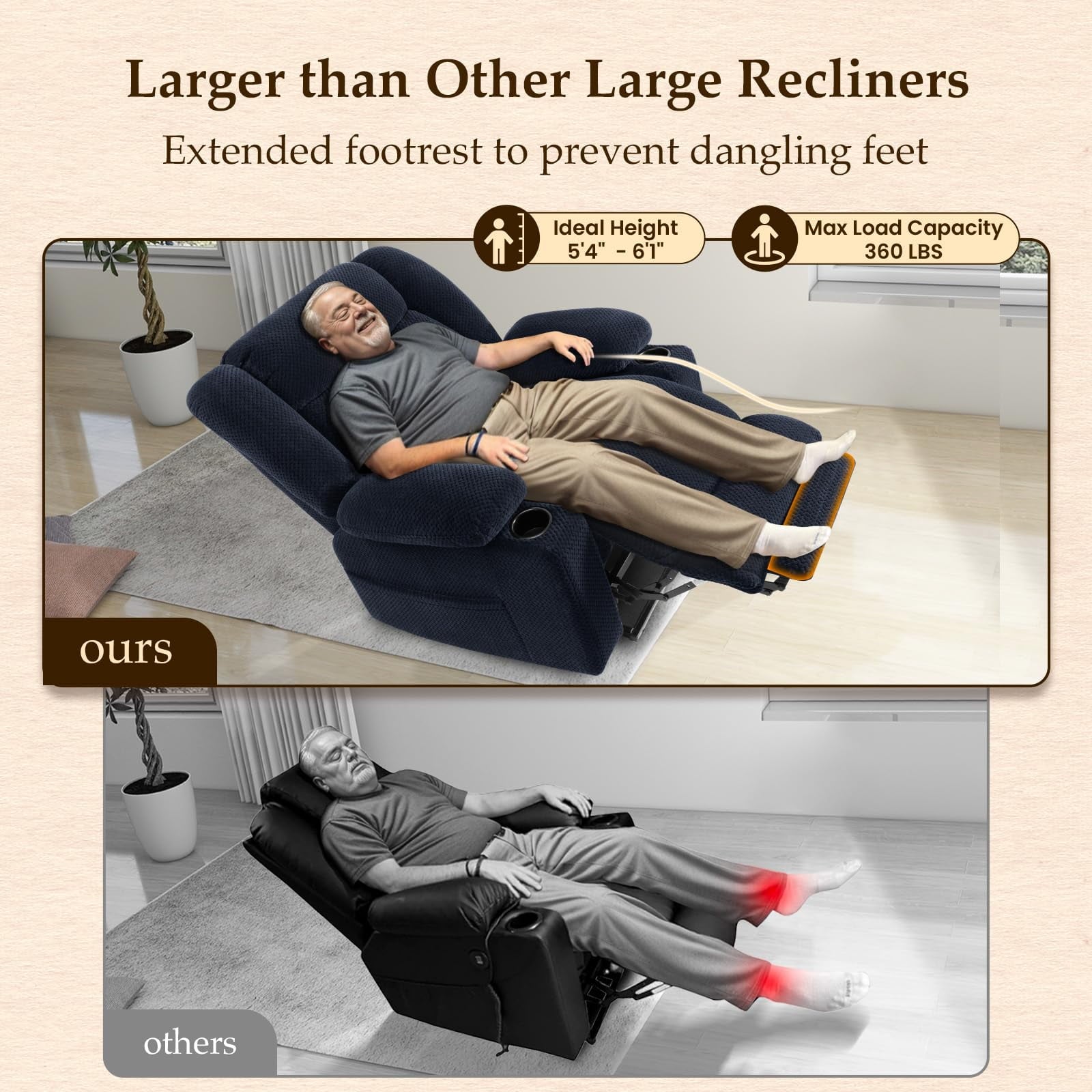 Large-Wide Power Lift Recliner Chair for Elderly, Big and Tall, Heat and Massage, Lift Chairs Recliners with Extended Footrest, Remote Control, 2 Cup Holders