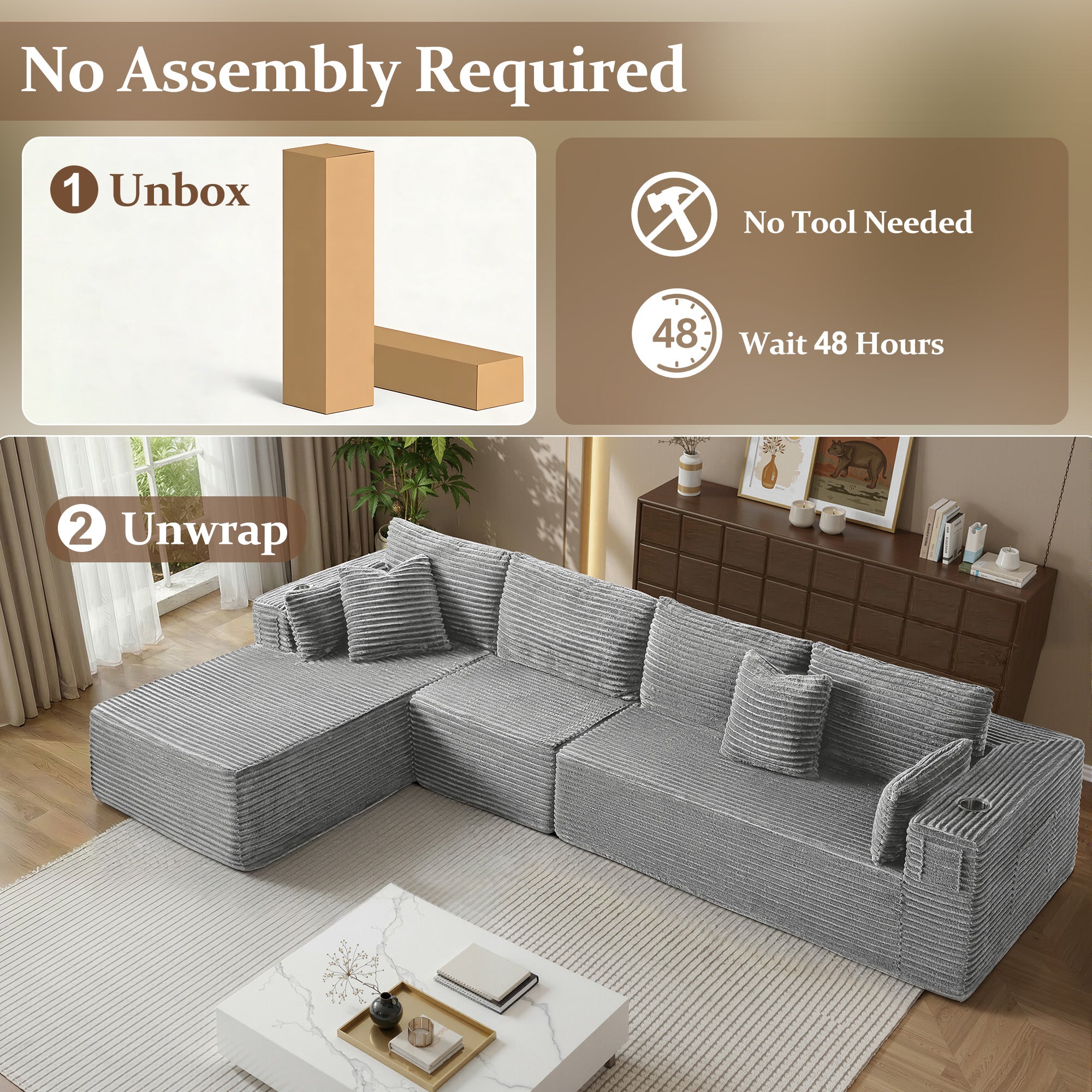 138" L-Shape Modular Cloud Sectional Boneless Sofa with Chaise, Extra-Wide Deep Seat Plush Corduroy Couch for Living Rooms & Apartments (Light Grey)