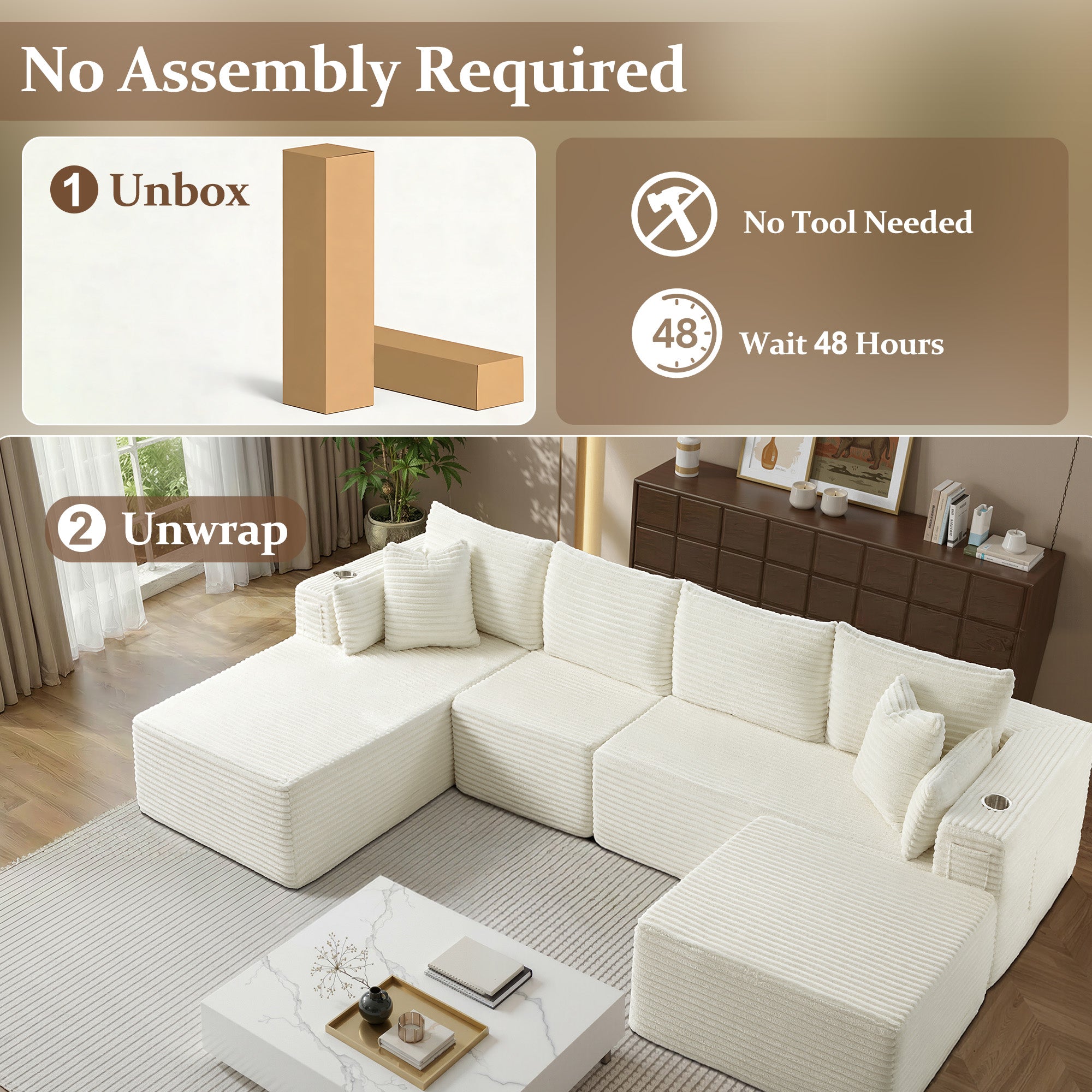 138" U-Shape Modular Cloud Sectional Boneless Sofa with Chaise & Ottoman, Extra-Wide Deep Seat Plush Corduroy Couch for Living Rooms & Apartments (Beige)