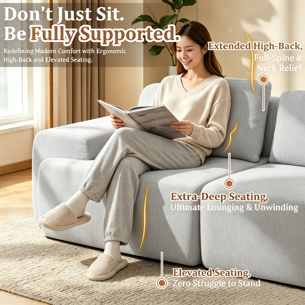 85" Oversized Cloud Modular Sofa, High Back & Extra Deep Seat, No Assembly Required Soft Chenille, 2 Seat,Light Gray