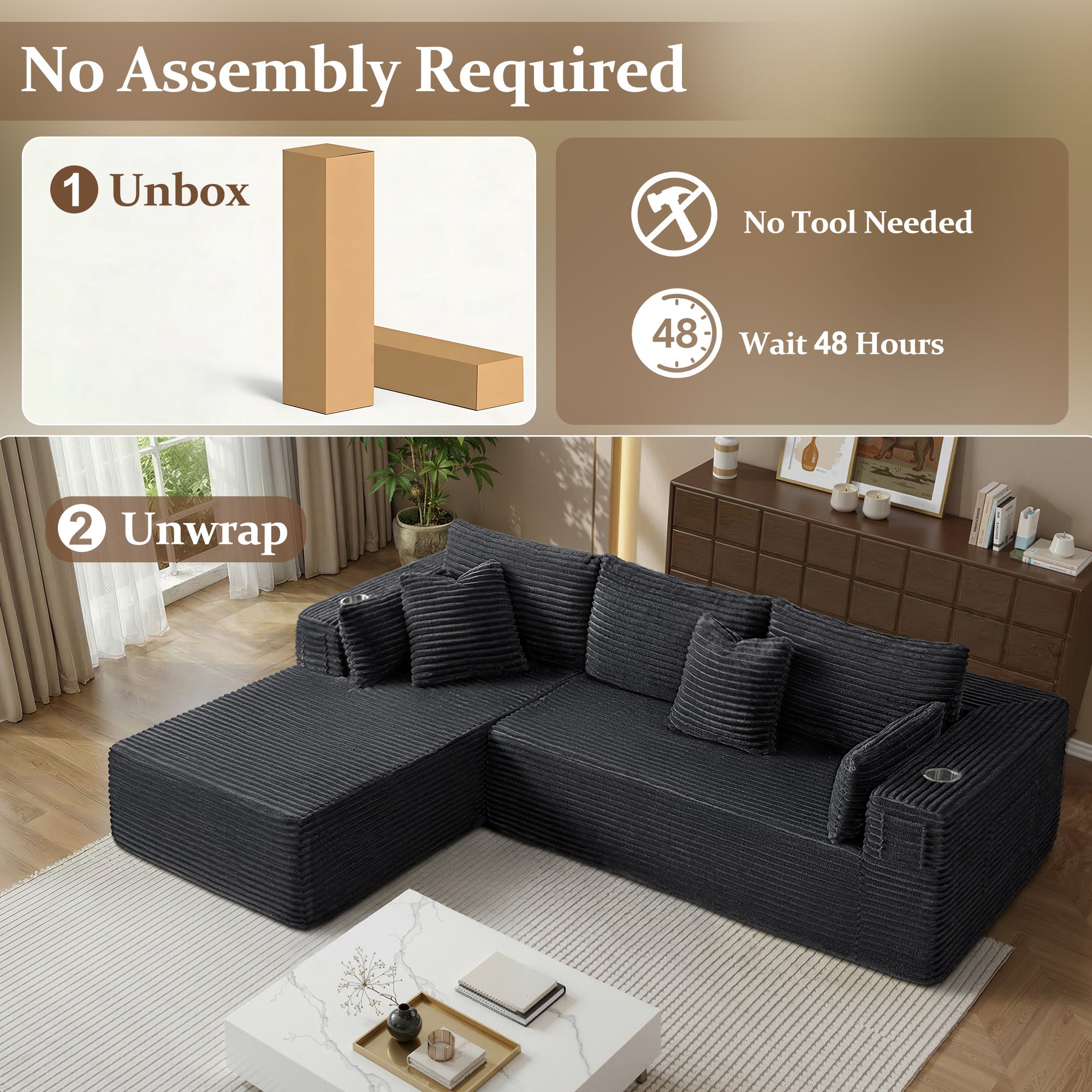 108" L-Shape Modular Cloud Sectional Boneless Sofa with Chaise, Extra-Wide Deep Seat Plush Corduroy Couch for Living Rooms & Apartments (Dark Grey)