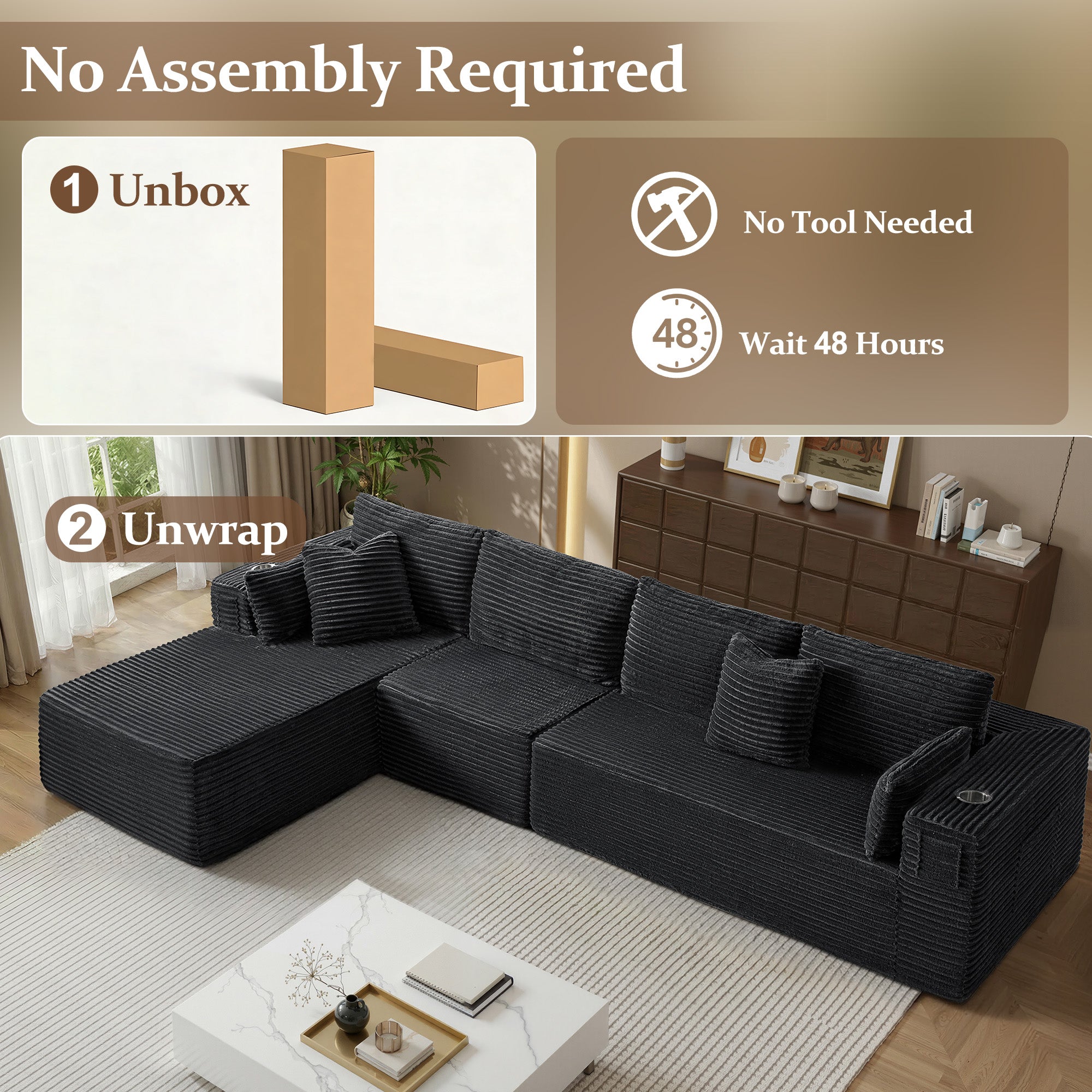 138" L-Shape Modular Cloud Sectional Boneless Sofa with Chaise, Extra-Wide Deep Seat Plush Corduroy Couch for Living Rooms & Apartments (Dark Grey)