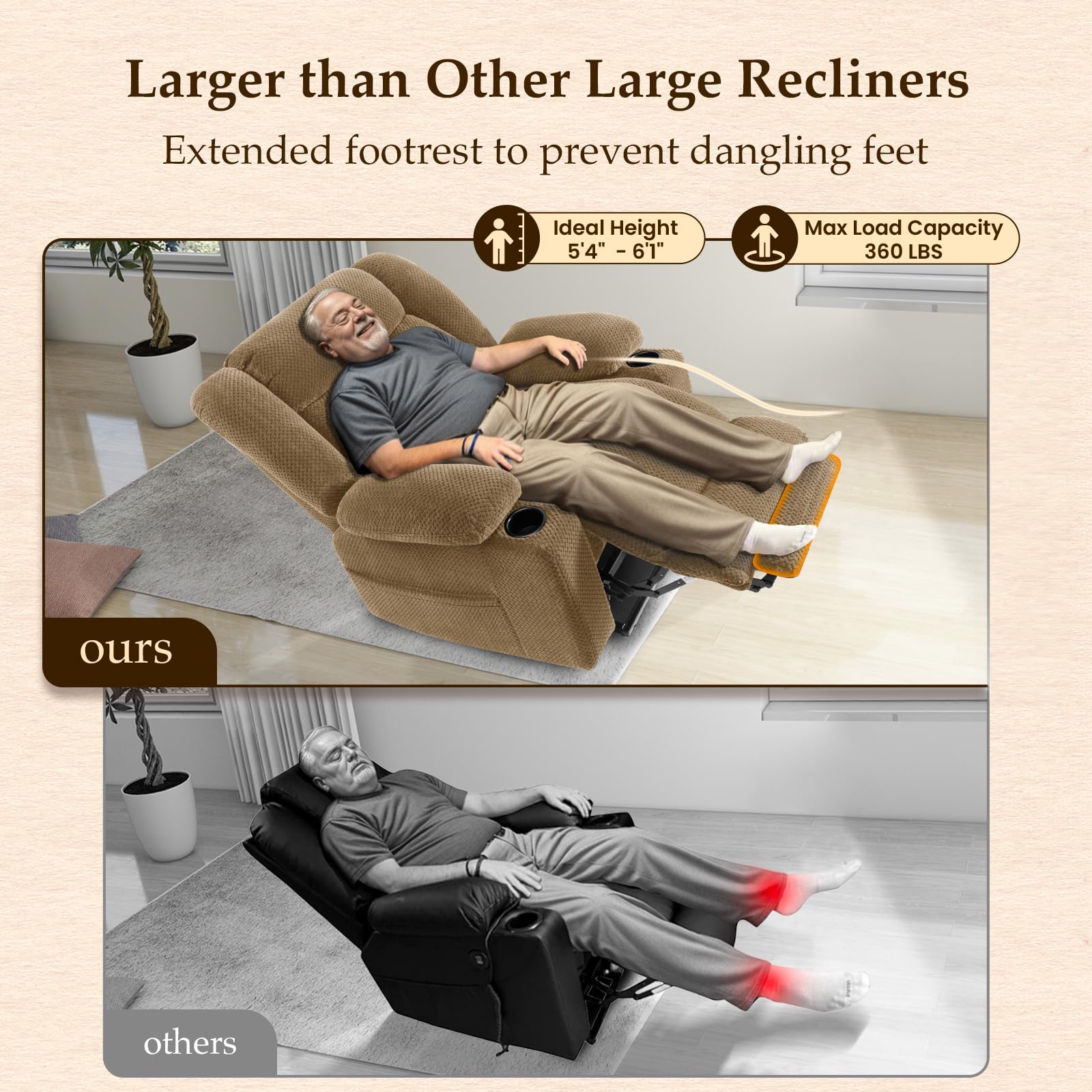 Large-Wide Power Lift Recliner Chair for Elderly, Big and Tall, Heat and Massage, Lift Chairs Recliners with Extended Footrest, Remote Control, 2 Cup Holders