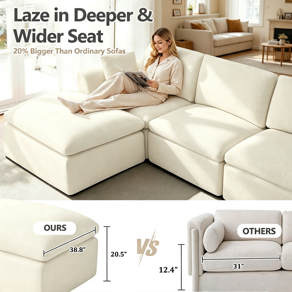 110.5" 3-Seater L-Shaped Cloud Sofa with Ottoman, Deep Seat Modular Sectional Couch with Memory Foam, Soft Chenille Fabric, Plush Comfy Sofa for Living Room, Beige
