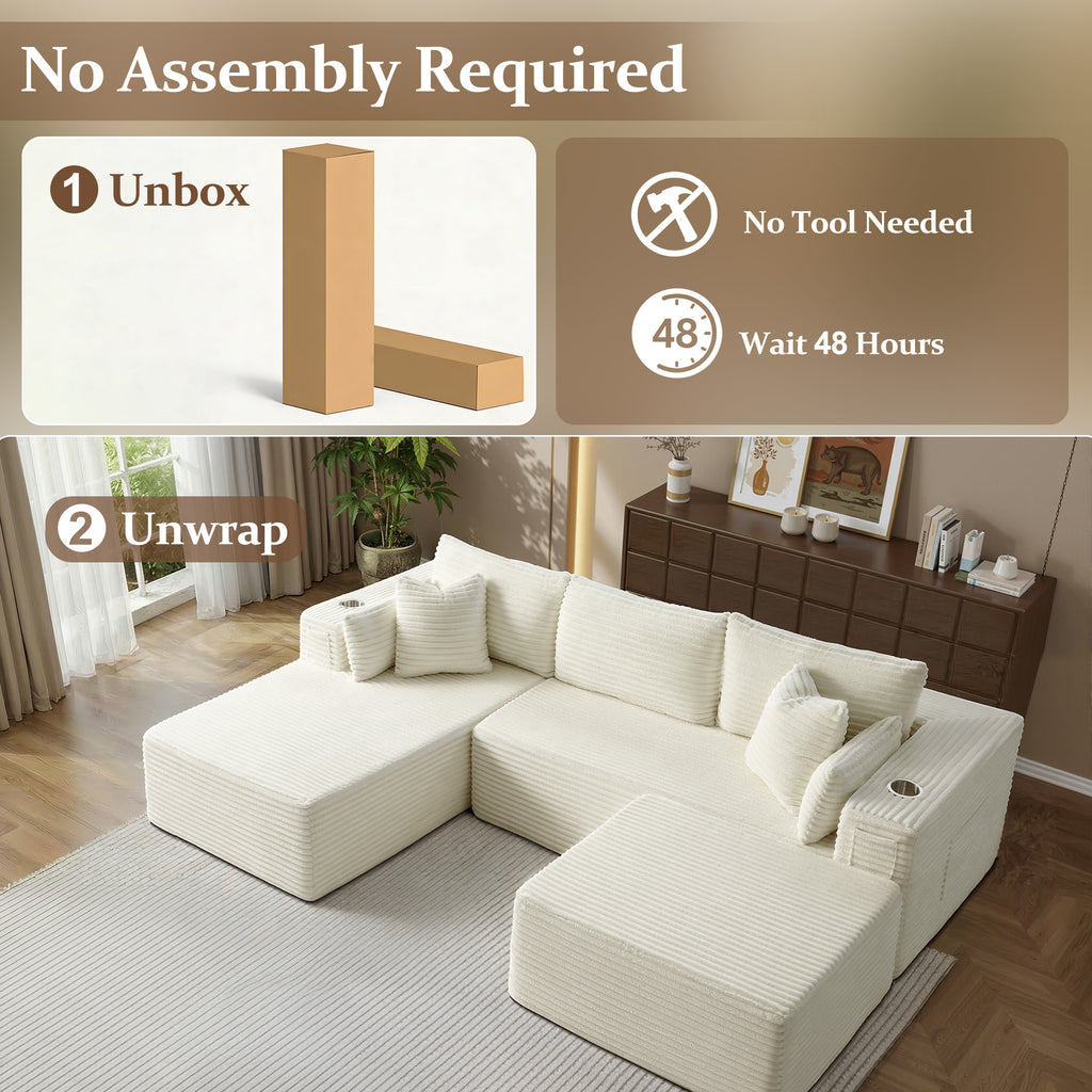 108" U-Shape Modular Cloud Sectional Boneless Sofa with Chaise & Ottoman, Extra-Wide Deep Seat Plush Corduroy Couch for Living Rooms & Apartments (Beige)