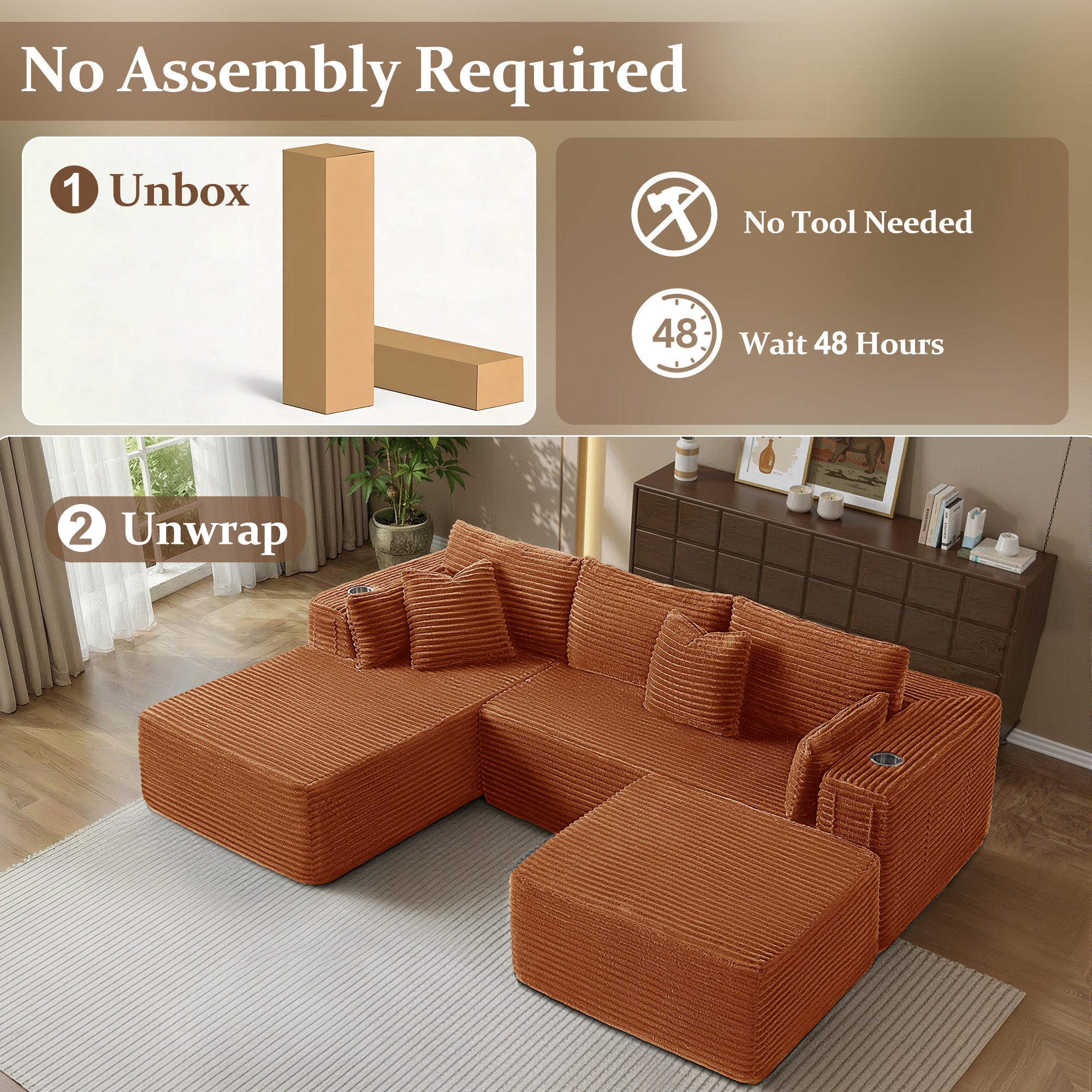 108" U-Shape Modular Cloud Sectional Boneless Sofa with Chaise & Ottoman, Extra-Wide Deep Seat Plush Corduroy Couch for Living Rooms & Apartments (Orange)
