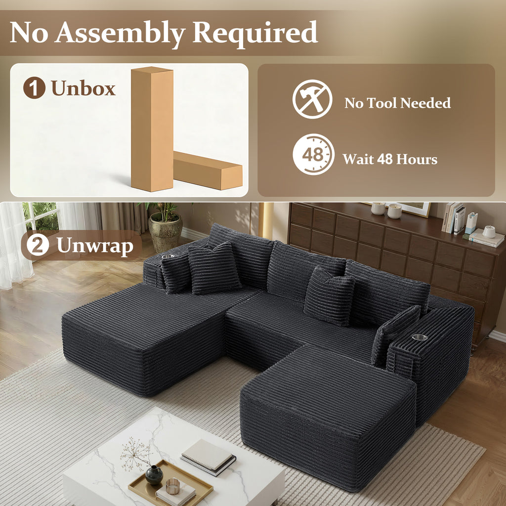 108" U-Shape Modular Cloud Sectional Boneless Sofa with Chaise & Ottoman, Extra-Wide Deep Seat Plush Corduroy Couch for Living Rooms & Apartments (Dark Grey)