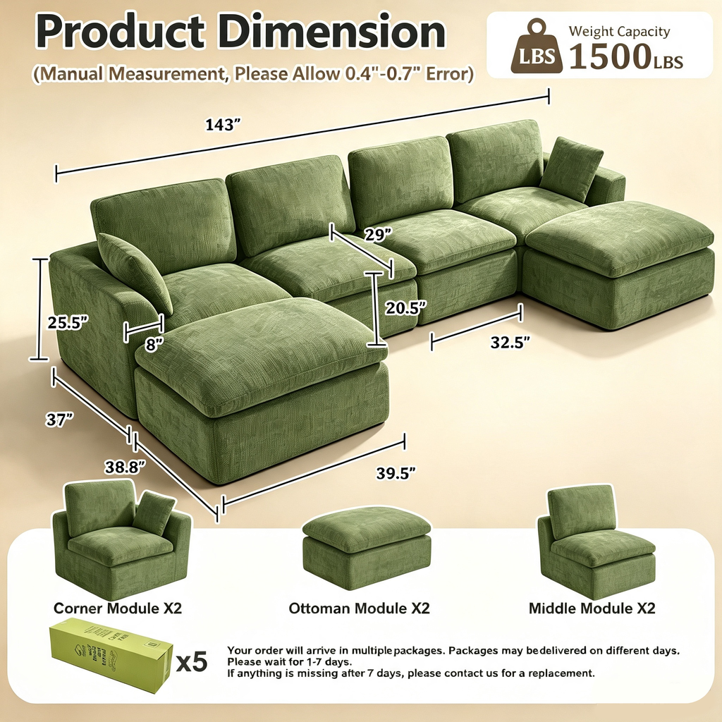 143" 4-Seater Cloud Sofa with 2 Movable Ottoman, Deep Seat Modelar Sectional Sofa with Memory Foam, Soft Chenille Fabric, Plush Comfy Sofa for Living Room, Green