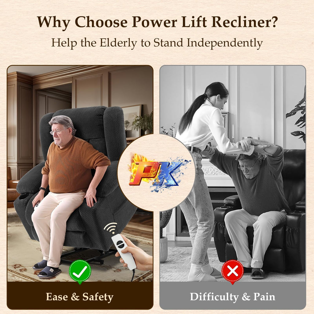 Large-Wide Power Lift Recliner Chair for Elderly, Big and Tall, Heat and Massage, Lift Chairs Recliners with Extended Footrest, Remote Control, 2 Cup Holders