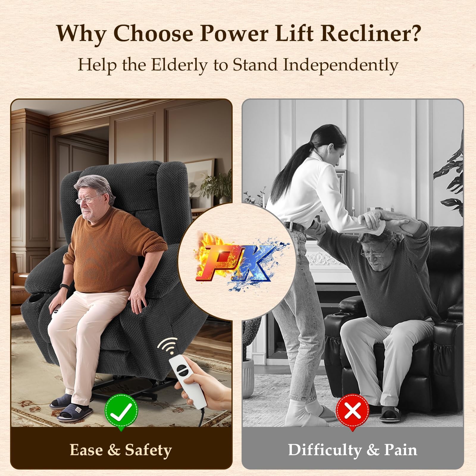 Large-Wide Power Lift Recliner Chair for Elderly, Big and Tall, Heat and Massage, Lift Chairs Recliners with Extended Footrest, Remote Control, 2 Cup Holders