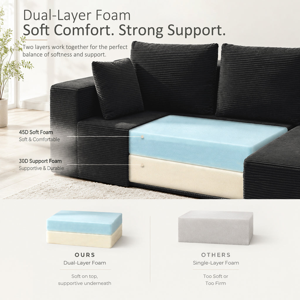 Cfvyne 98" Modular Sectional Sofa with Chaise, Boneless Cloud Couch with Dual-Layer Foam, Deep Seat L-Shaped Corduroy Sofa for Living Room, Black
