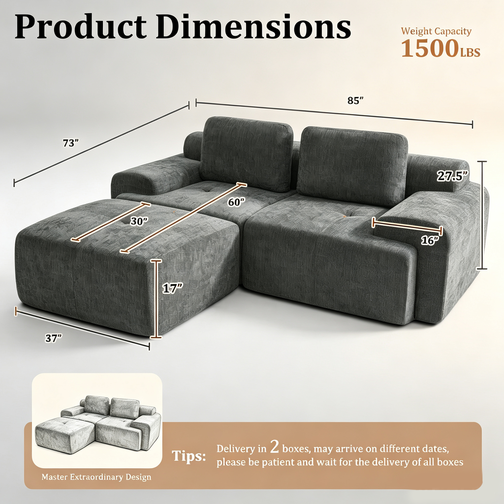 85" Oversized Cloud Modular Sofa, High Back & Extra Deep Seat, No Assembly Required Soft Chenille, Single Seat,Gray