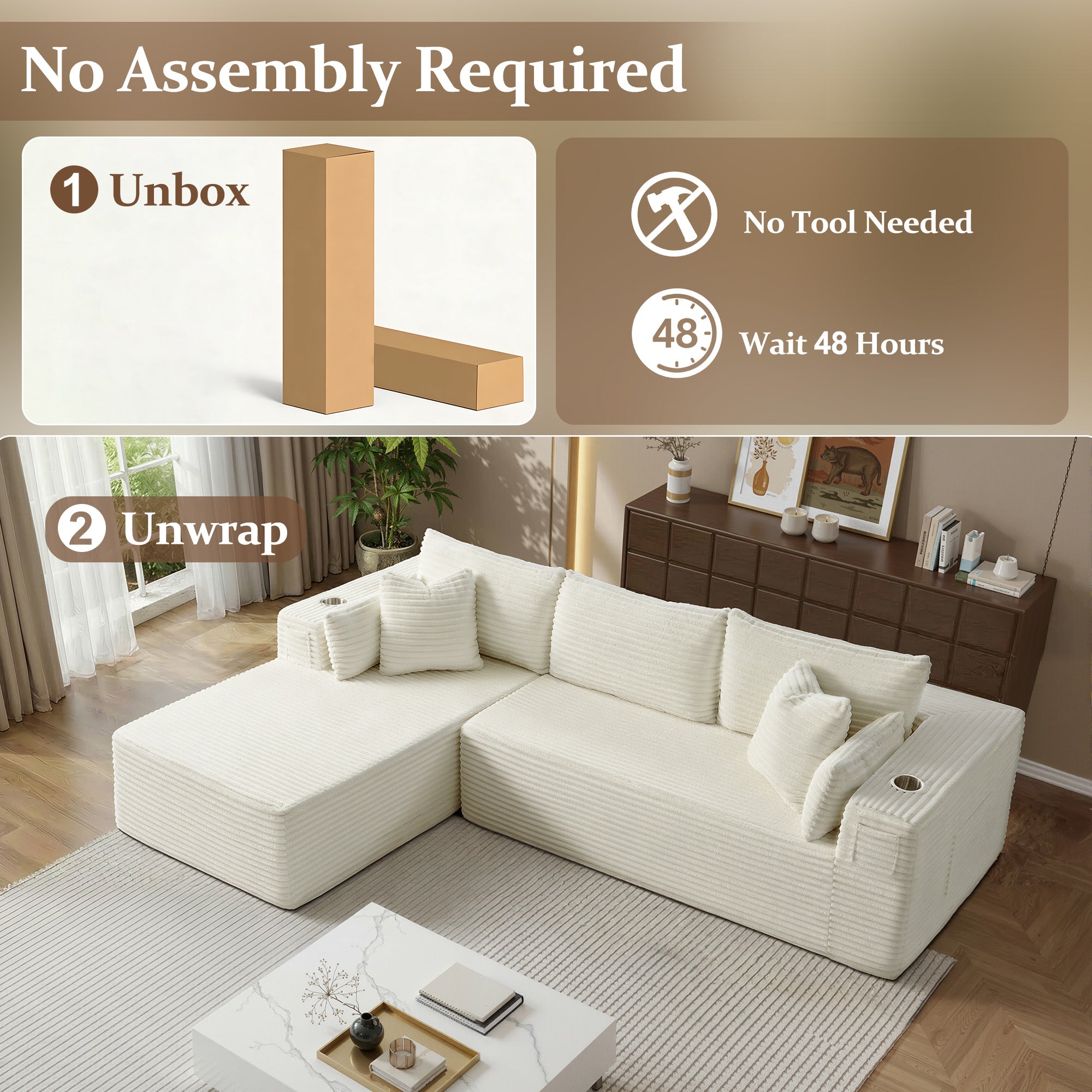 108" L-Shape Modular Cloud Sectional Boneless Sofa with Chaise, Extra-Wide Deep Seat Plush Corduroy Couch for Living Rooms & Apartments (Beige)