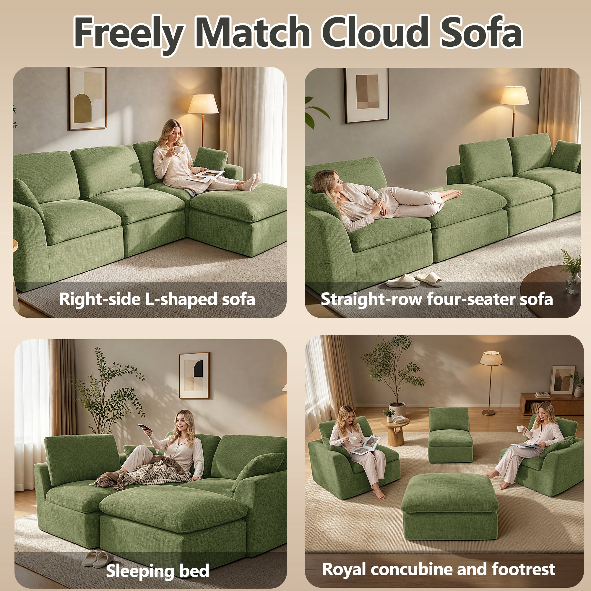 143" 4-Seater Cloud Sofa with 2 Movable Ottoman, Deep Seat Modelar Sectional Sofa with Memory Foam, Soft Chenille Fabric, Plush Comfy Sofa for Living Room, Green