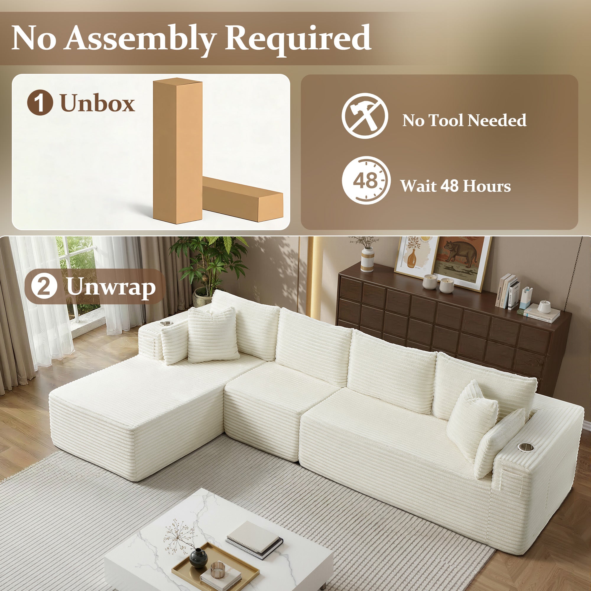 138" L-Shape Modular Cloud Sectional Boneless Sofa with Chaise, Extra-Wide Deep Seat Plush Corduroy Couch for Living Rooms & Apartments (Beige)