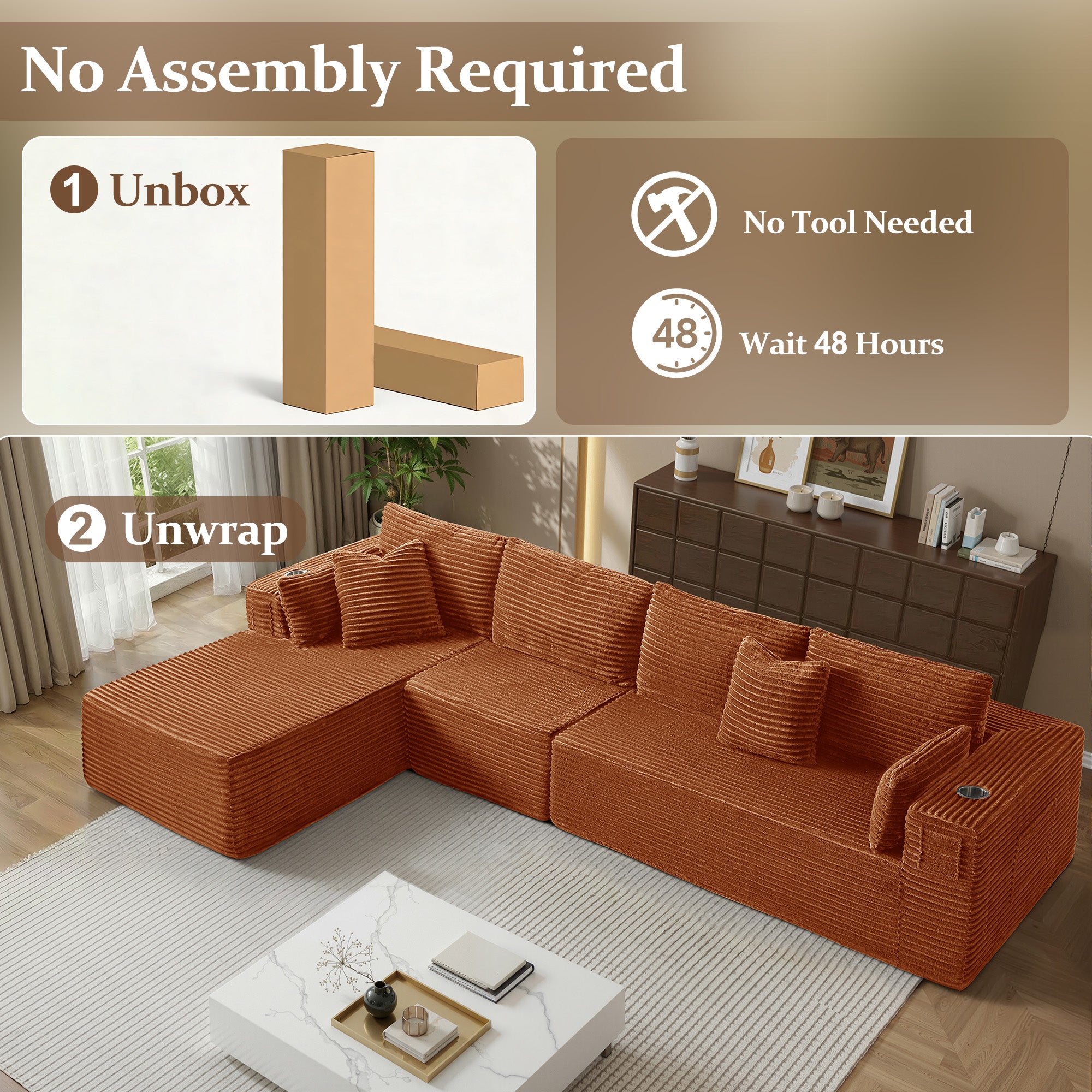 138" L-Shape Modular Cloud Sectional Boneless Sofa with Chaise, Extra-Wide Deep Seat Plush Corduroy Couch for Living Rooms & Apartments (Orange)