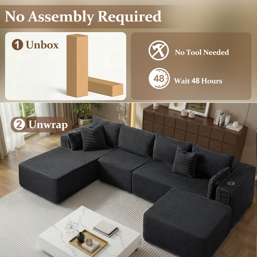138" U-Shape Modular Cloud Sectional Boneless Sofa with Chaise & Ottoman, Extra-Wide Deep Seat Plush Corduroy Couch for Living Rooms & Apartments (Dark Grey)