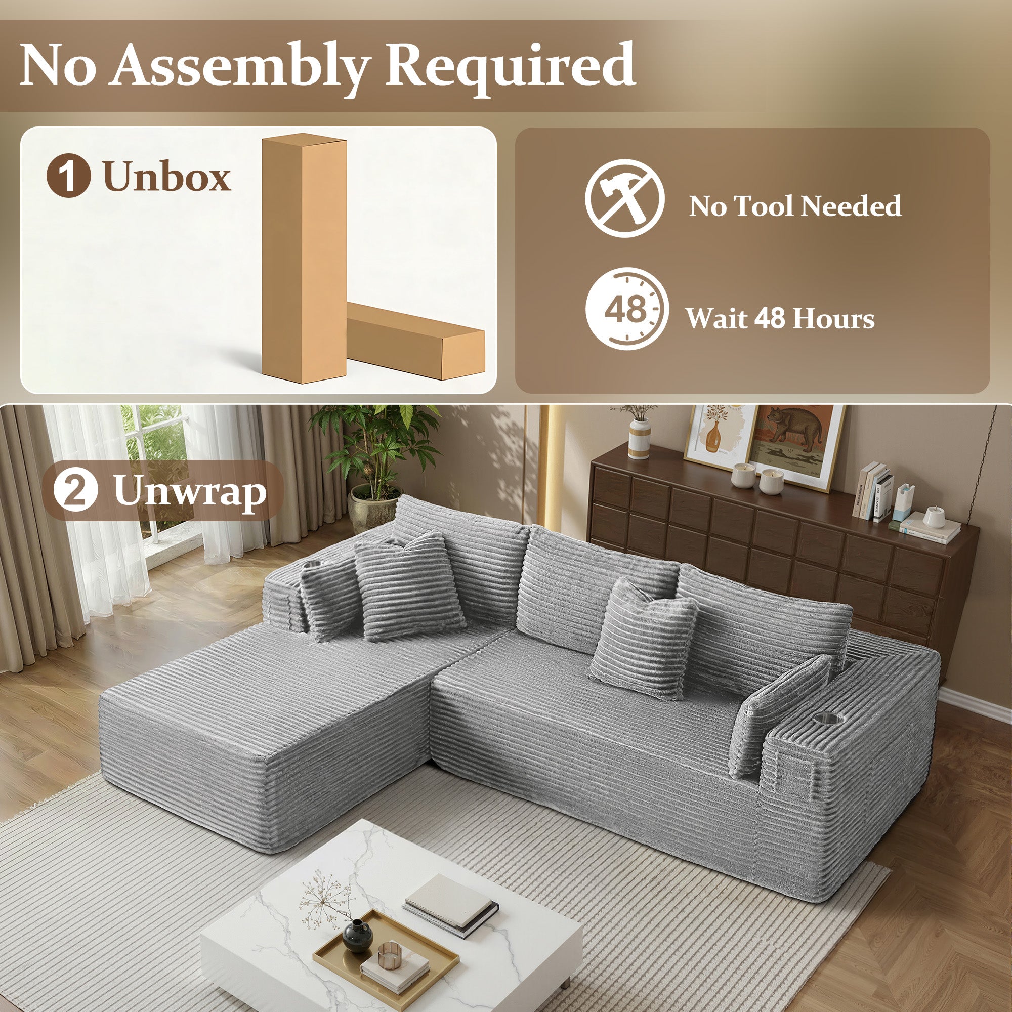 108" L-Shape Modular Cloud Sectional Boneless Sofa with Chaise, Extra-Wide Deep Seat Plush Corduroy Couch for Living Rooms & Apartments (Light Grey)