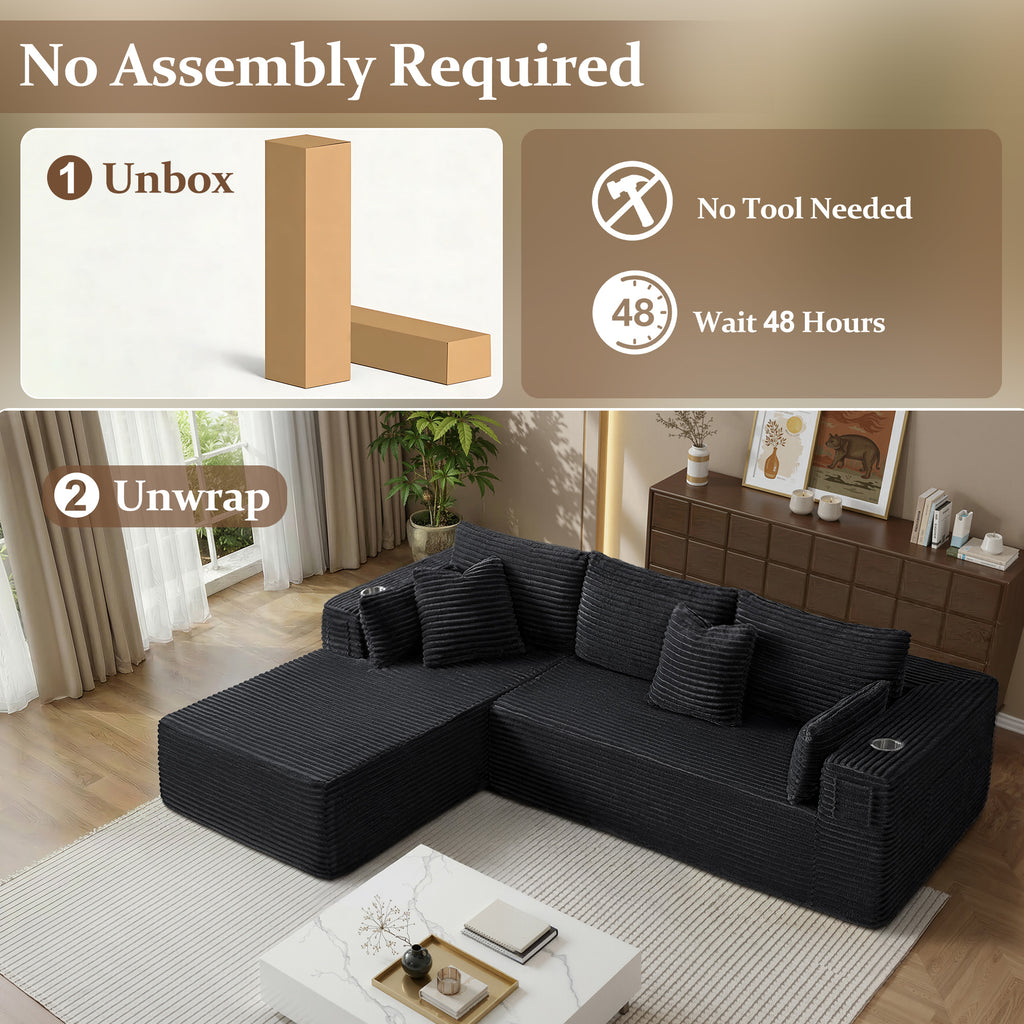 108" L-Shape Modular Cloud Sectional Boneless Sofa with Chaise, Extra-Wide Deep Seat Plush Corduroy Couch for Living Rooms & Apartments (Black)