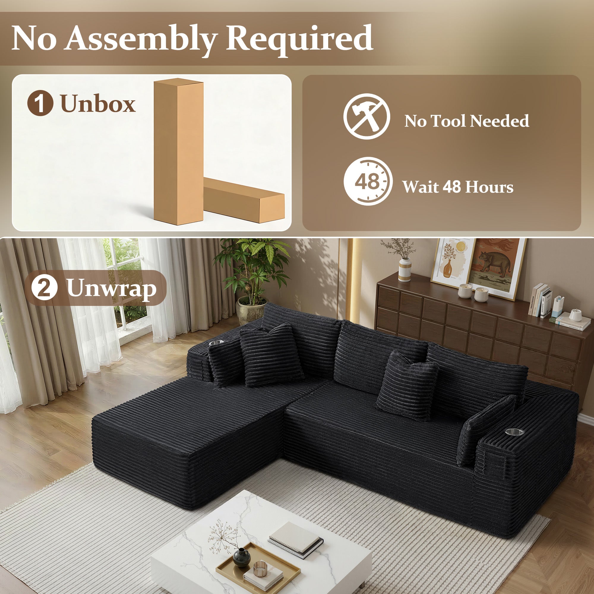 108" L-Shape Modular Cloud Sectional Boneless Sofa with Chaise, Extra-Wide Deep Seat Plush Corduroy Couch for Living Rooms & Apartments (Black)