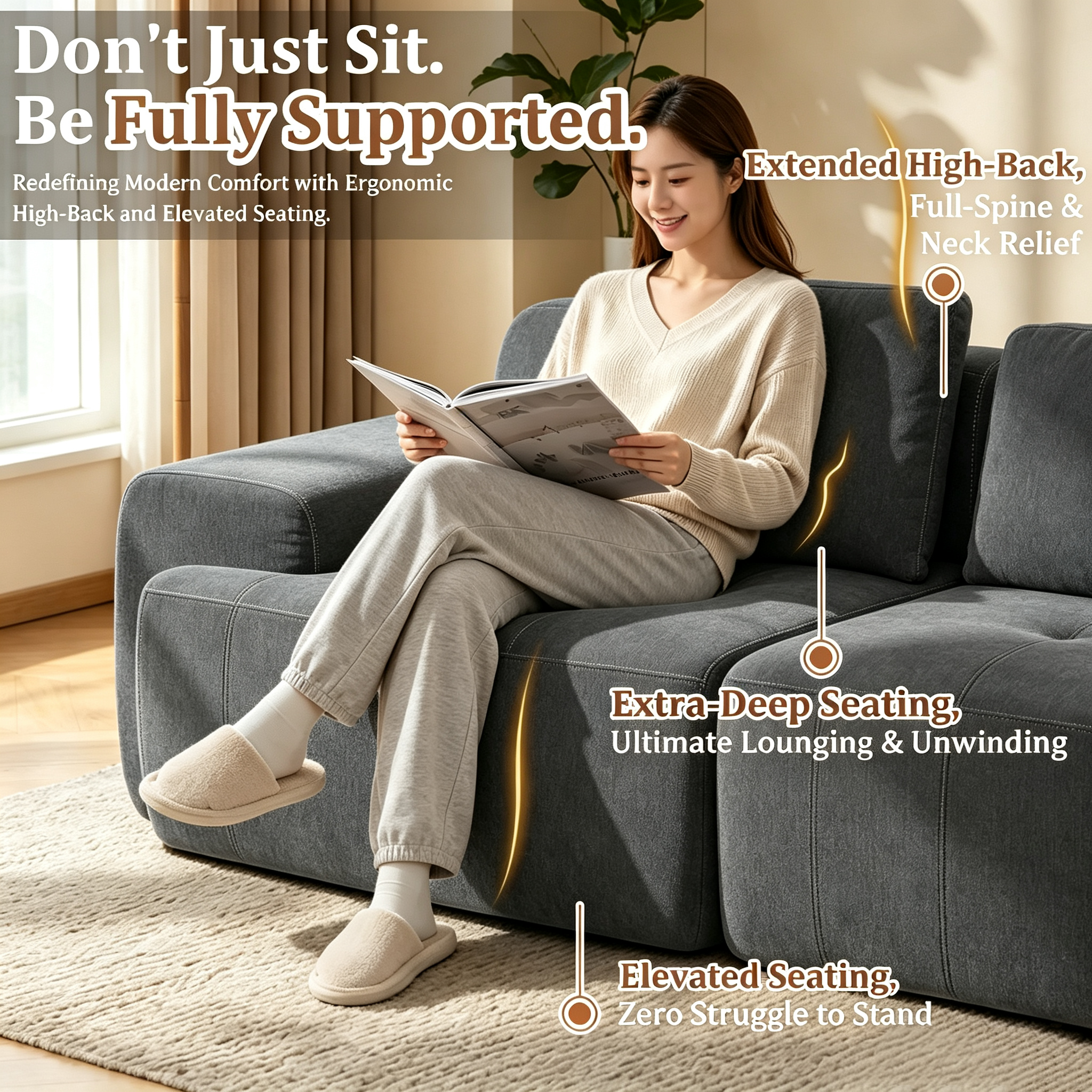 37" Oversized Modular Sofa Ottoman, Soft Chenille Fabric Couch with Deep Seat, High Back Design, No Assembly,Dark Gray