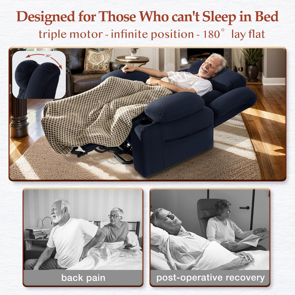 Triple Motor Large-Wide Power Lift Recliner Chair for Elderly Big and Tall, Lay Flat, Heat and Massage, Infinite Position, Power Headrest
