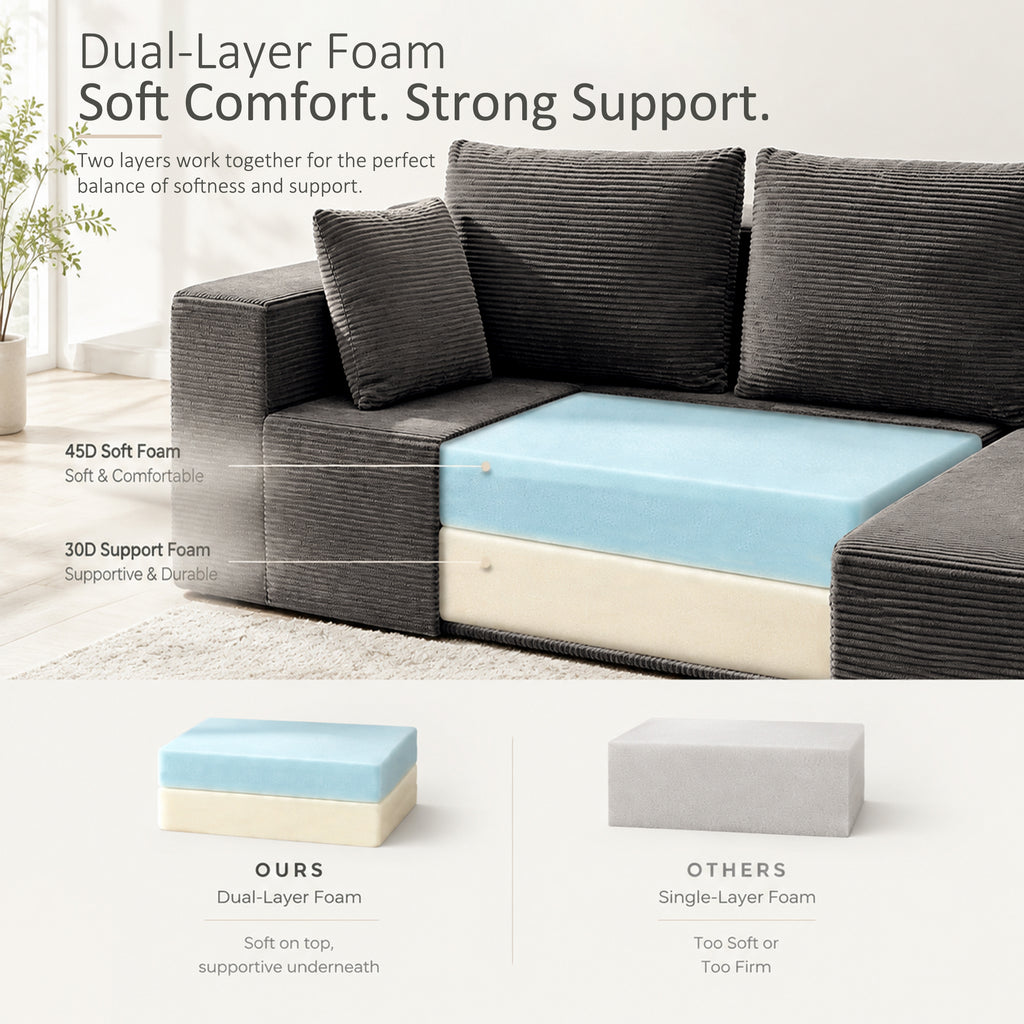 Cfvyne 98" Modular Sectional Sofa with Chaise, Boneless Cloud Couch with Dual-Layer Foam, Deep Seat L-Shaped Corduroy Sofa for Living Room, Dark Gray