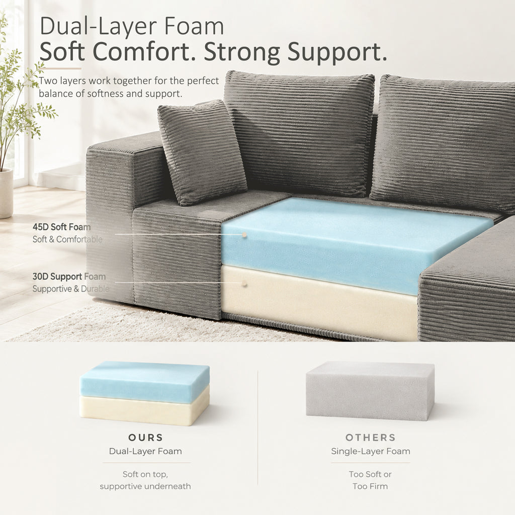 Cfvyne 98" Modular Sectional Sofa with Chaise, Boneless Cloud Couch with Dual-Layer Foam, Deep Seat L-Shaped Corduroy Sofa for Living Room, Light Gray