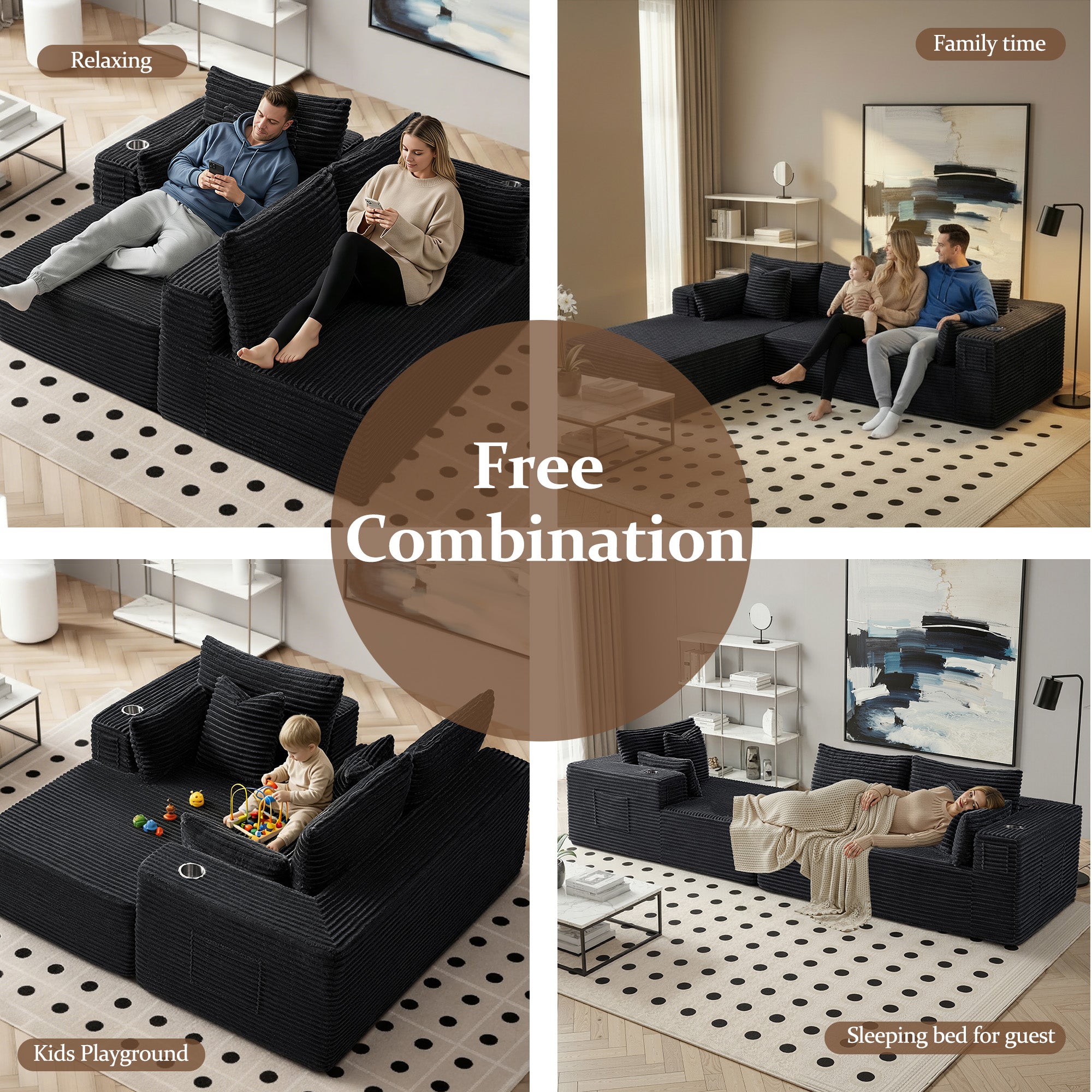 108" L-Shape Modular Cloud Sectional Boneless Sofa with Chaise, Extra-Wide Deep Seat Plush Corduroy Couch for Living Rooms & Apartments (Black)