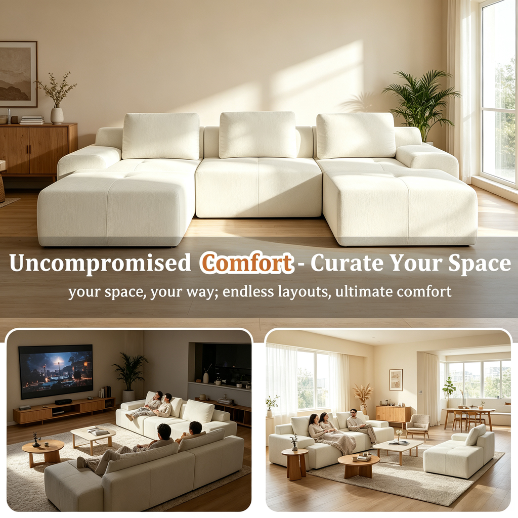 159" U-Shaped Oversized Cloud Couch, Modular Sectional Sofa with High Back & Extra Deep Seat, No Assembly Required, Plush Chenille, Beige