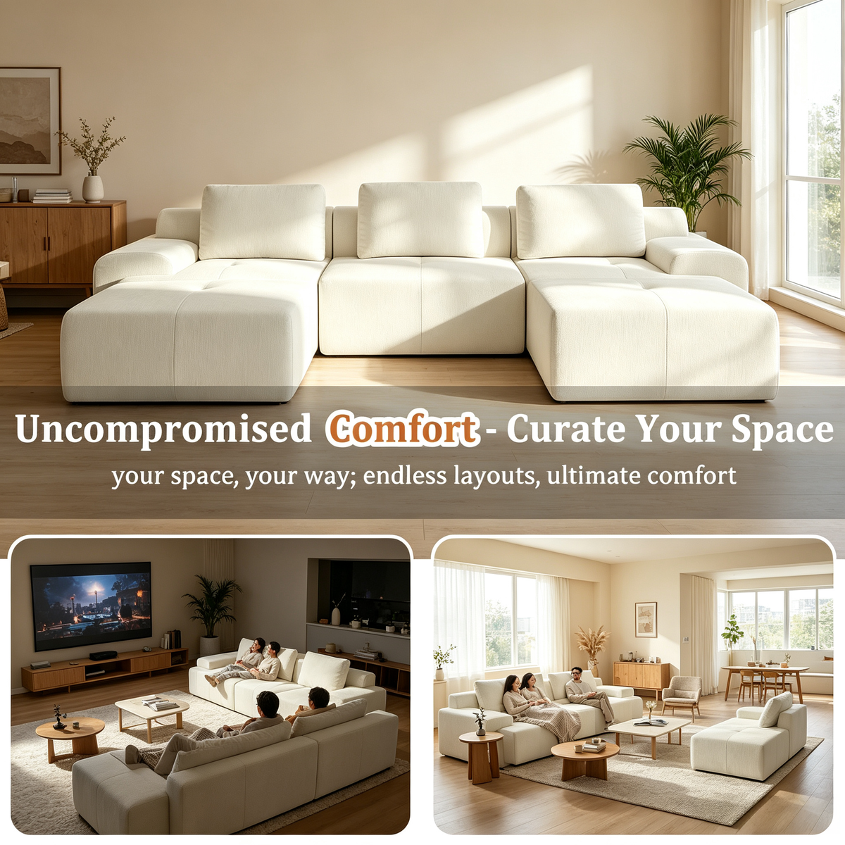 159" U-Shaped Oversized Cloud Couch, Modular Sectional Sofa with High Back & Extra Deep Seat, No Assembly Required, Plush Chenille, Beige