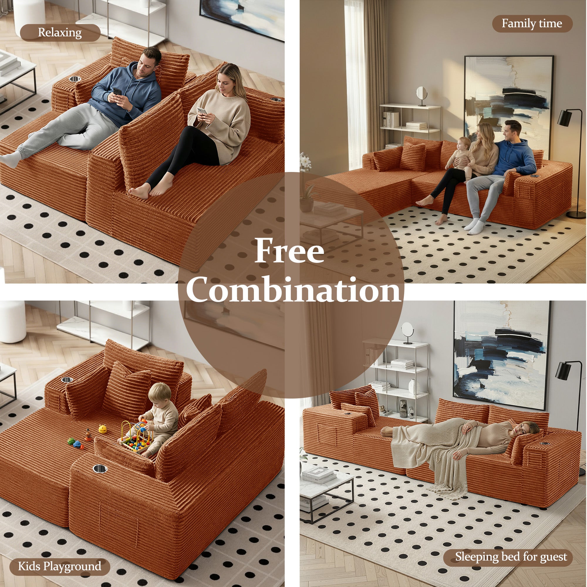 108" U-Shape Modular Cloud Sectional Boneless Sofa with Chaise & Ottoman, Extra-Wide Deep Seat Plush Corduroy Couch for Living Rooms & Apartments (Orange)